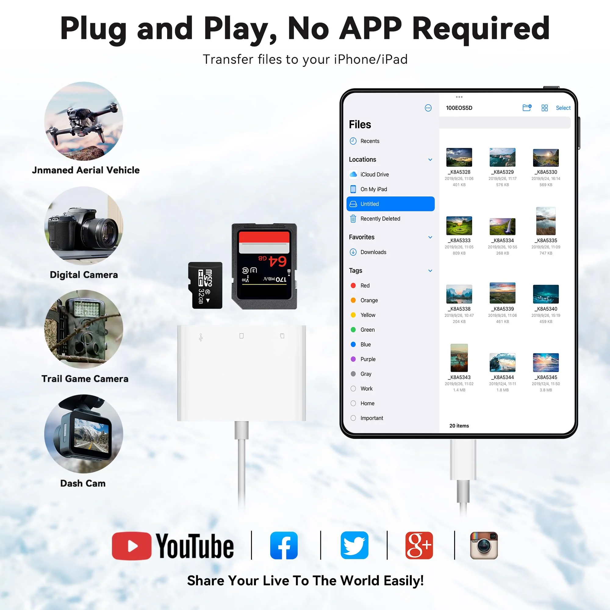 SD Card Reader for iPhone iPad, Micro SD Card Reader Memory Card Reader with USB Adapter Plug and Play Trail Game Camera SD Card Viewer Supports SD and TF Card Micro SD Card Adapter No App Required SD+TF+USB white - Image 4