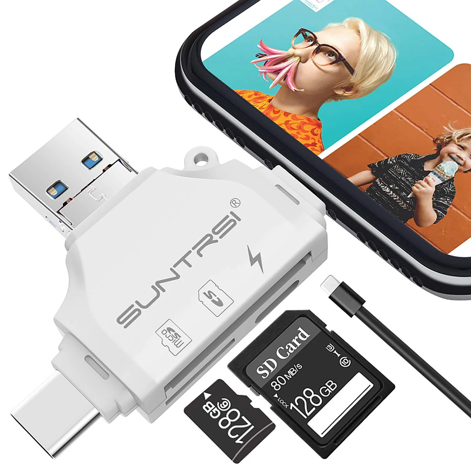 SD/Micro SD Card Reader for iPhone/ipad/Android/Mac/Computer/Camera,Portable Memory Card Reader 4 in 1 Micro SD Card Adapter&Trail Camera Viewer Compatible with TF and SD Card white