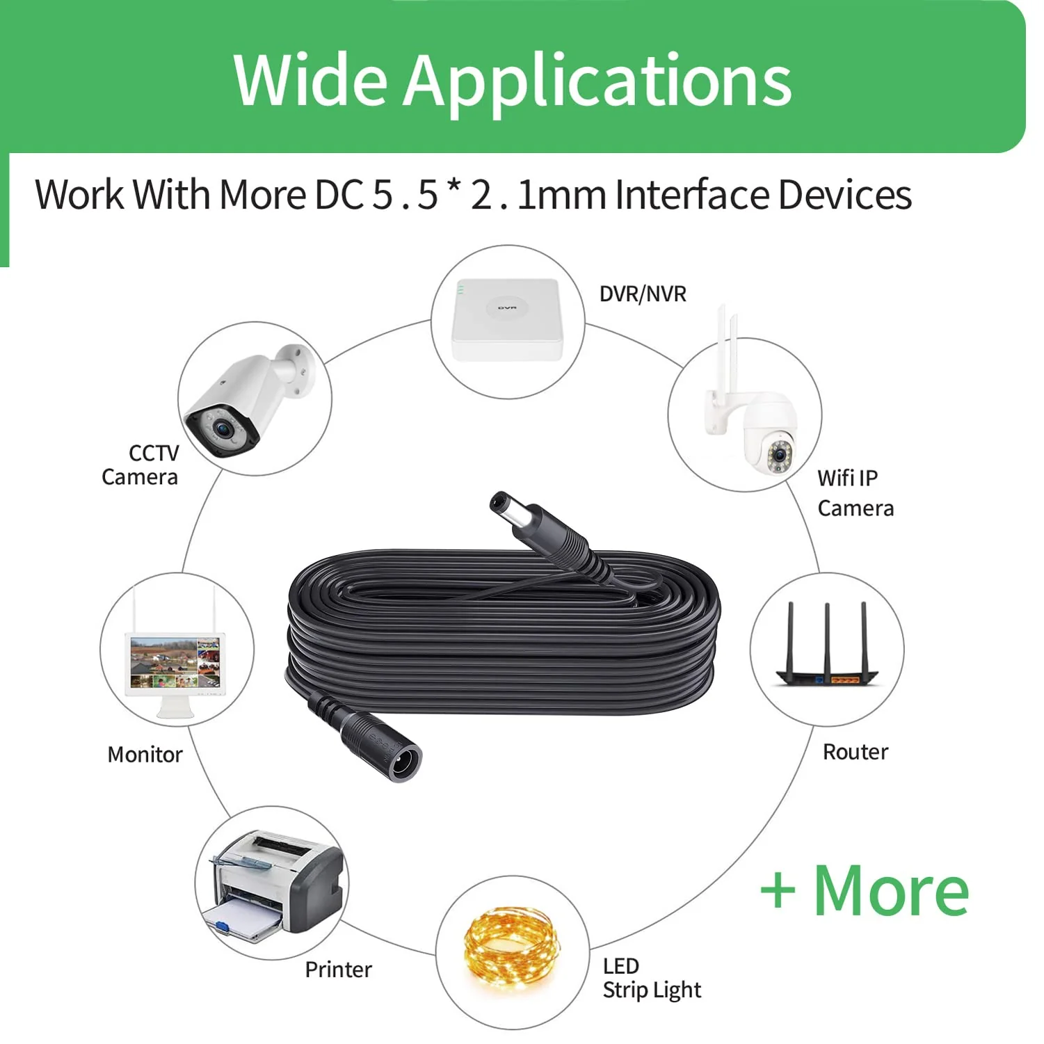 Security-01 5M 16FT DC Power Extension Cable 5.5mm x 2.1mm,for CCTV Camera IP WiFi Camera,DVR,LED Strip,DC Power Supply Adapter Extender Cable,Black (Pack of 2) - Image 4