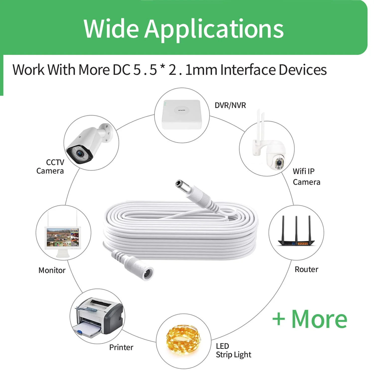 Security-01 6.6FT 2M DC Power Extension Cable 5.5mm x 2.1mm,for CCTV Camera IP WiFi Camera,DVR,LED Strip,DC Power Supply Adapter Extender Cable,White (Pack of 2) 2x 6.6FT - Image 7