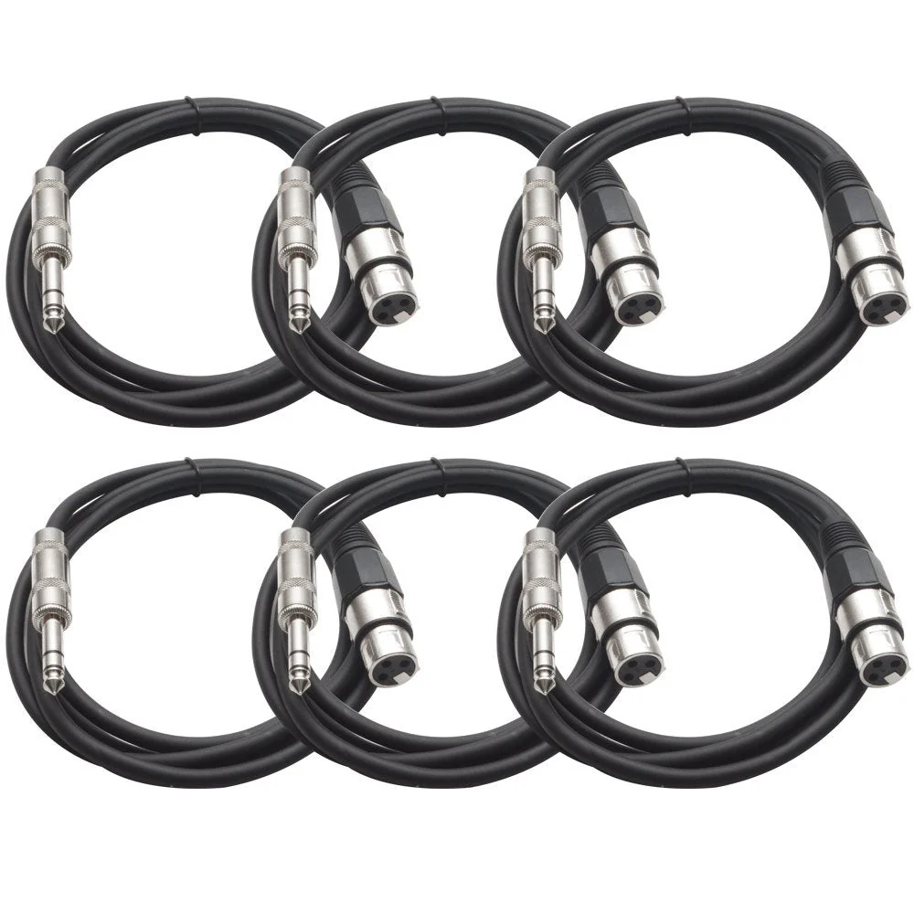 Seismic Audio - SATRXL-F6-6 Pack of Black 6' XLR Female to 1/4" TRS Patch Cable 6 Foot