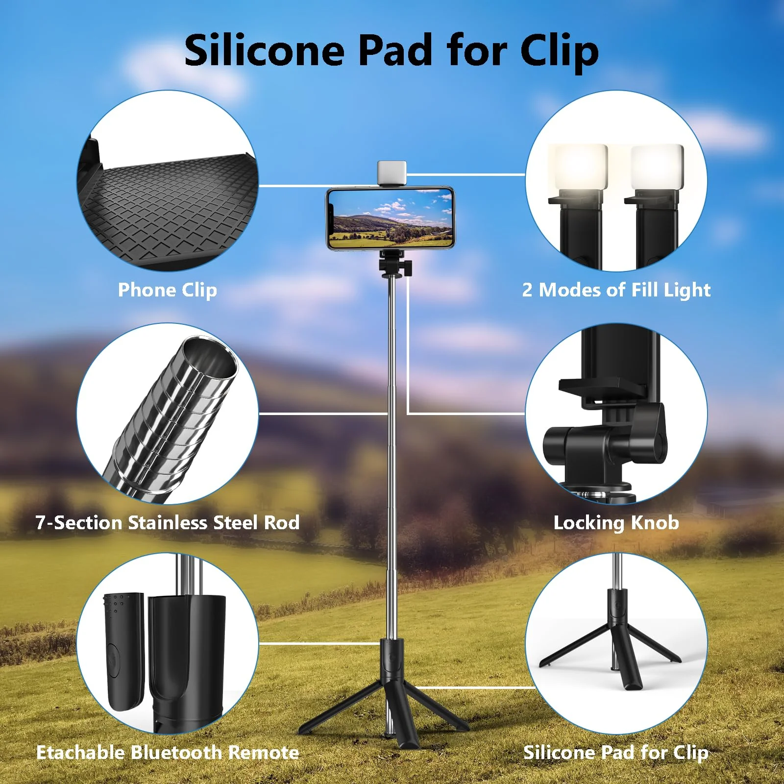 Selfie Stick, 40 in Retractable Phone Tripod with Wireless Remote Control & Light, Portable Selfie Stick Tripod for Photograph, Live Streaming, Video Recording, Compatible with All Cellphones Black - Image 7