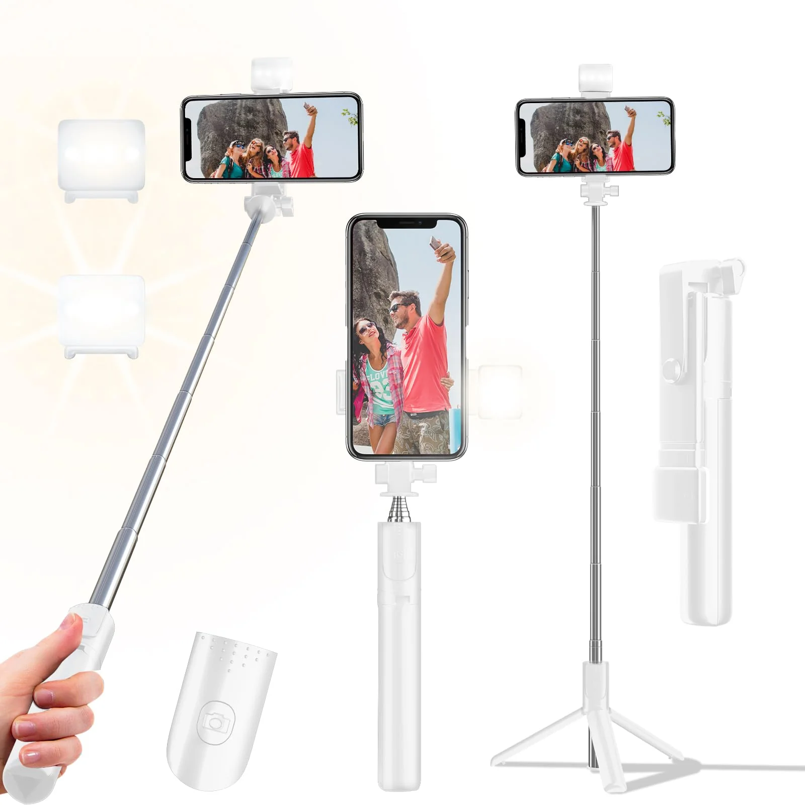 Selfie Stick Tripod, 40 in Retractable Phone Tripod with Wireless Remote Control & Light, Portable Selfie Stick Tripod for Photograph, Live Streaming, Video Recording, Compatible with All Cellphones White