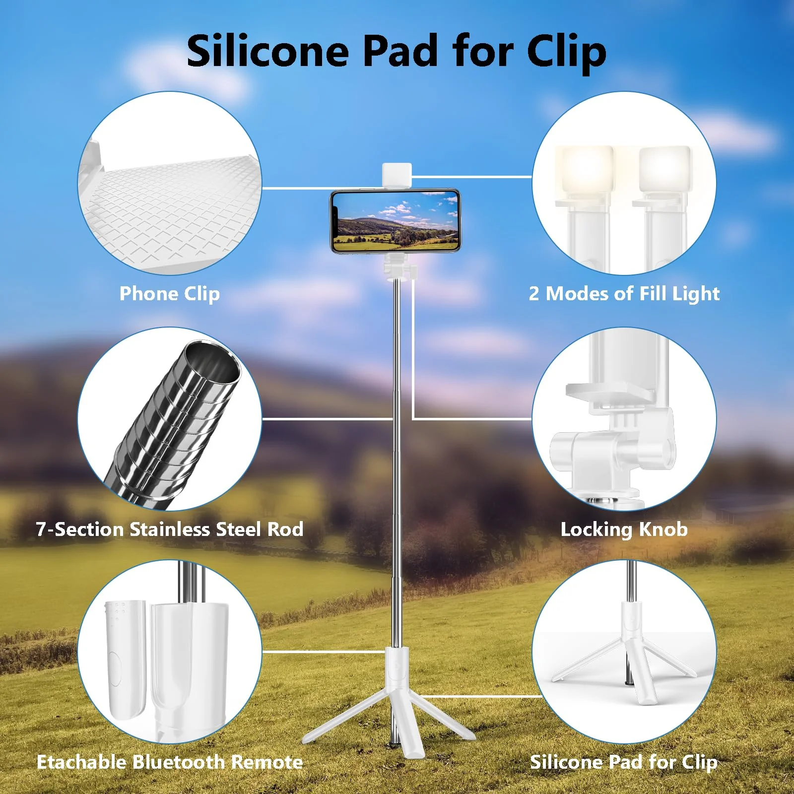 Selfie Stick Tripod, 40 in Retractable Phone Tripod with Wireless Remote Control & Light, Portable Selfie Stick Tripod for Photograph, Live Streaming, Video Recording, Compatible with All Cellphones White - Image 7