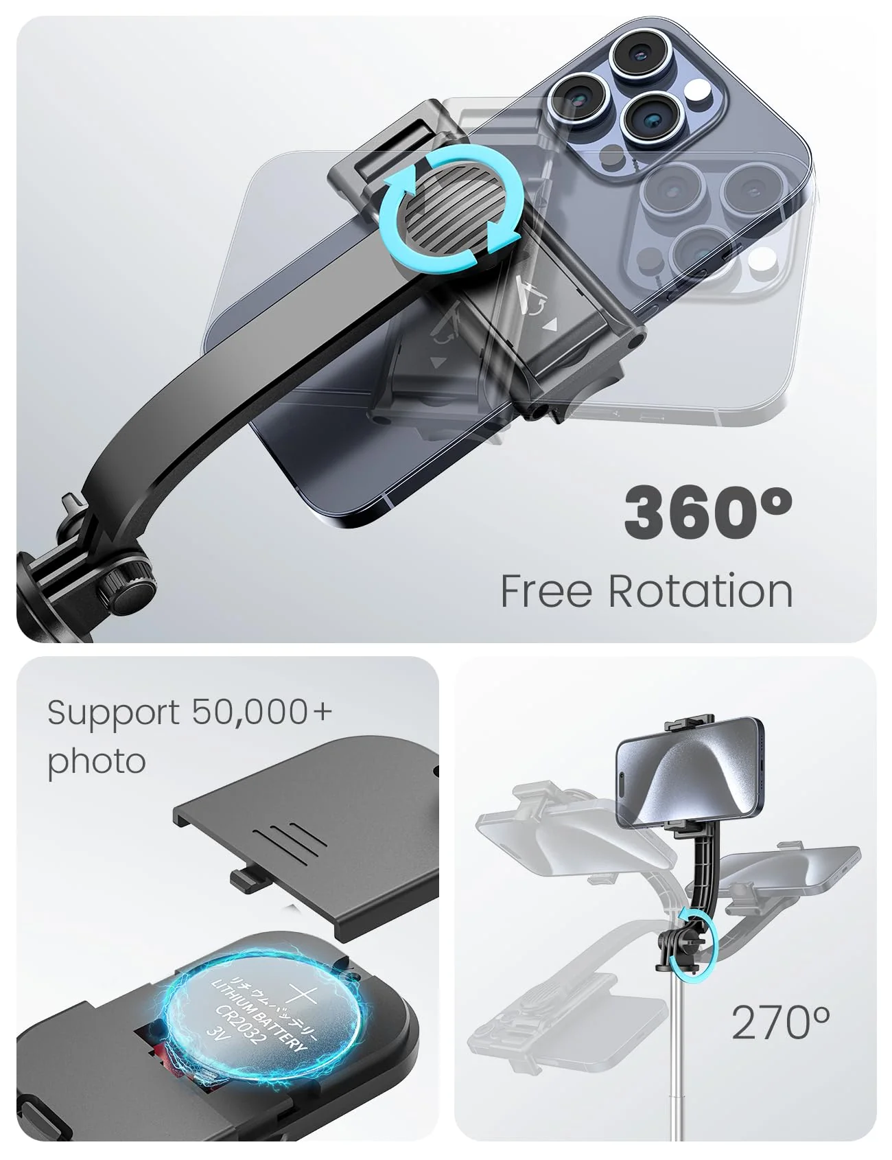 Selfie Stick Tripod with Detachable Phone Holder, 41.7" Extendable Phone Tripod with Remote, 360° Rotatable Tripod Stand for iPhone, Samsung, and Android Smartphones (Black) Black - Image 5
