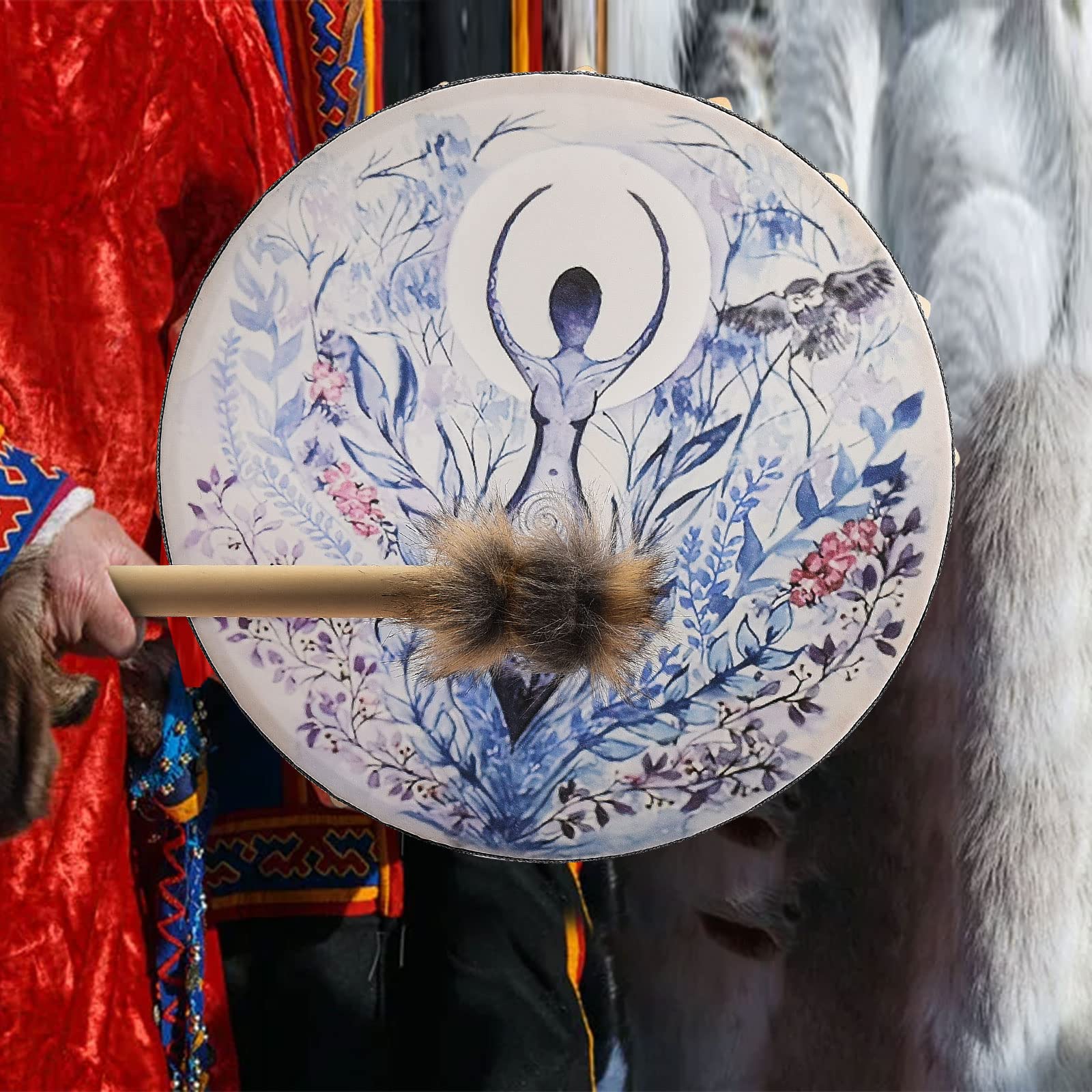 Shaman Drum 10 Inch Hand Drum With Drum Stick Shamanic Drum Frame Drum Sound Healing Tool For Spiritual Music, Reflection Meditation(Multicolor) - Image 2