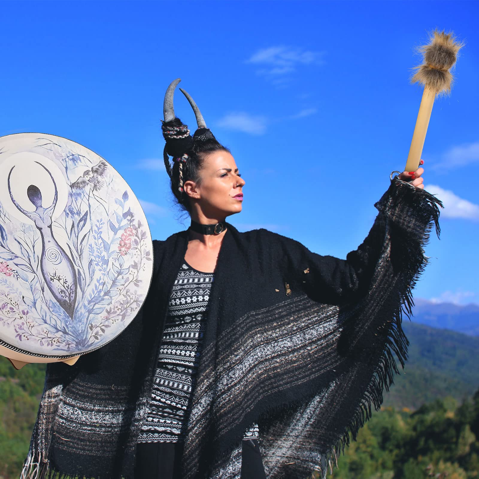 Shaman Drum 10 Inch Hand Drum With Drum Stick Shamanic Drum Frame Drum Sound Healing Tool For Spiritual Music, Reflection Meditation(Multicolor) - Image 3