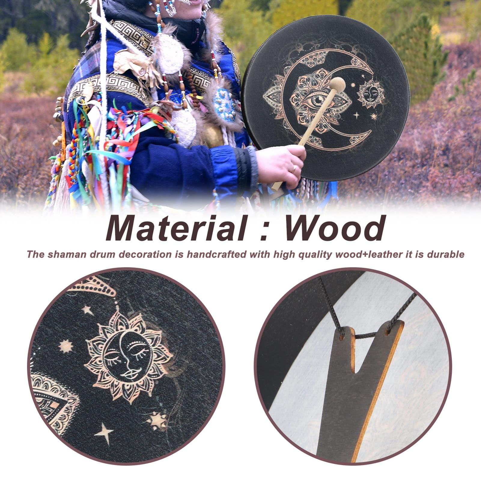 Shaman Drum 10 Inch Wood Frame Drum with Drum Stick Vegetarian Shaman Hand Drum Sound Healing Tool For Spiritual Music, Reflection(Black) - Image 2