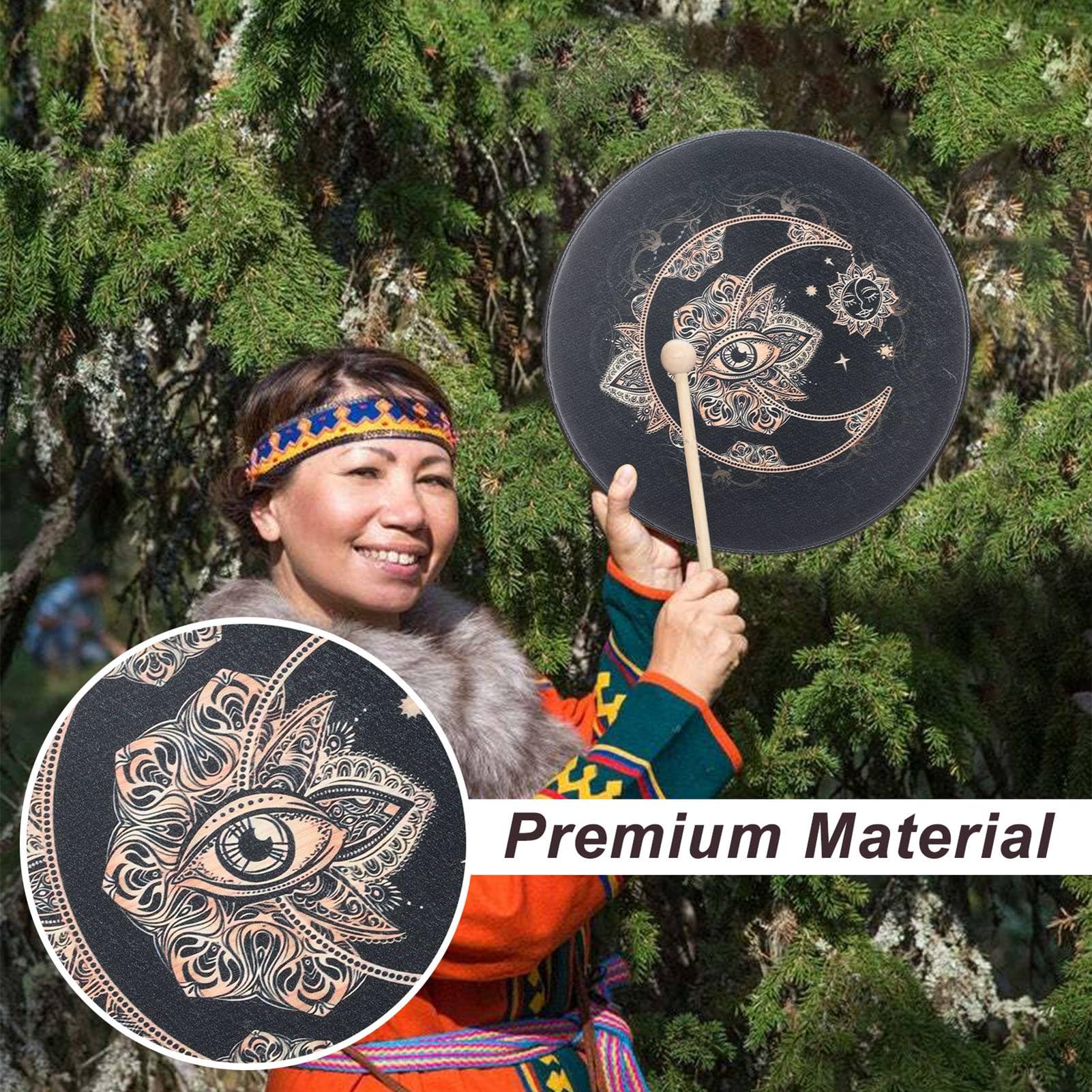Shaman Drum 10 Inch Wood Frame Drum with Drum Stick Vegetarian Shaman Hand Drum Sound Healing Tool For Spiritual Music, Reflection(Black) - Image 3