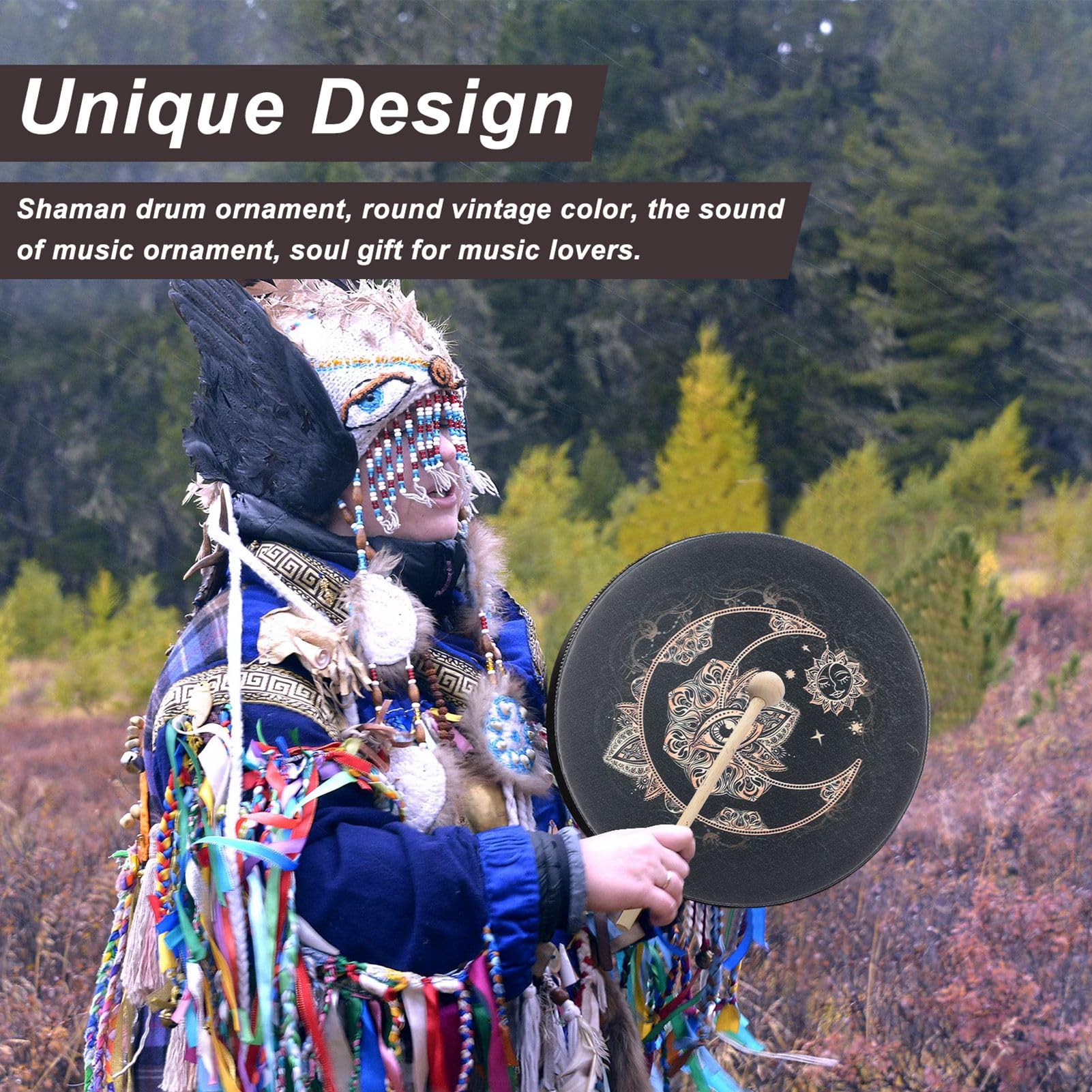 Shaman Drum 10 Inch Wood Frame Drum with Drum Stick Vegetarian Shaman Hand Drum Sound Healing Tool For Spiritual Music, Reflection(Black) - Image 5