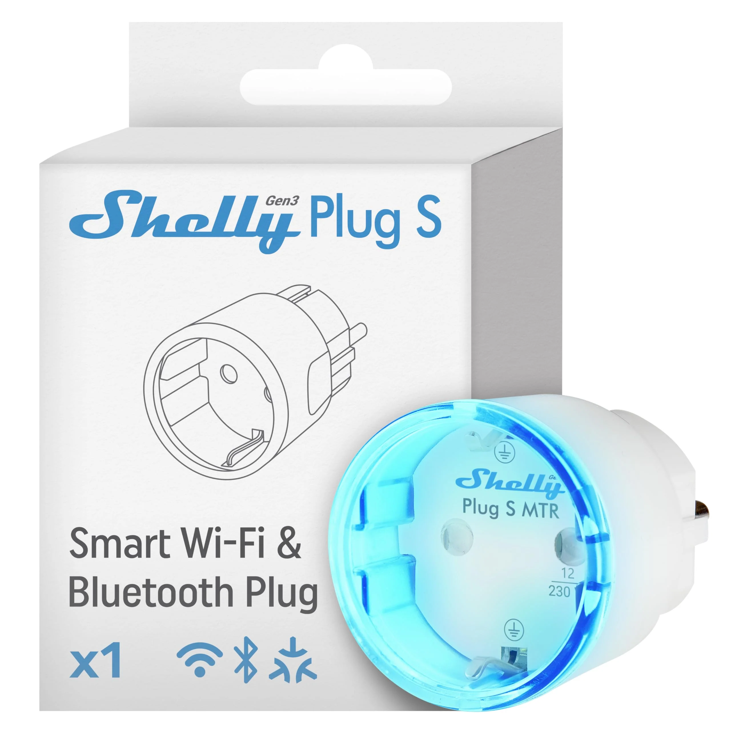 Shelly Plug S Gen3 White - WiFi Powered Smart Socket, Matter Certified, Power Measurement, 12A, 2500W, Google Home, Alexa & Apple HomeKit, No Hub Required, Device Monitoring