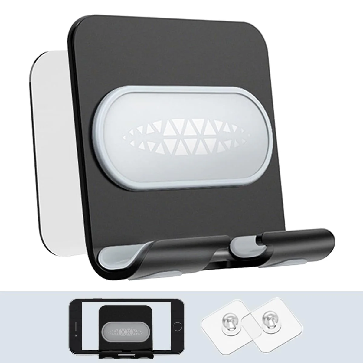 Shower Phone Holder with 2PCS Adhesive Stickers,Wall Mount Phone Stand for Bathroom,Kitchen,Office and More,Compatible with Smartphone(Black-Gray) Black-Gray