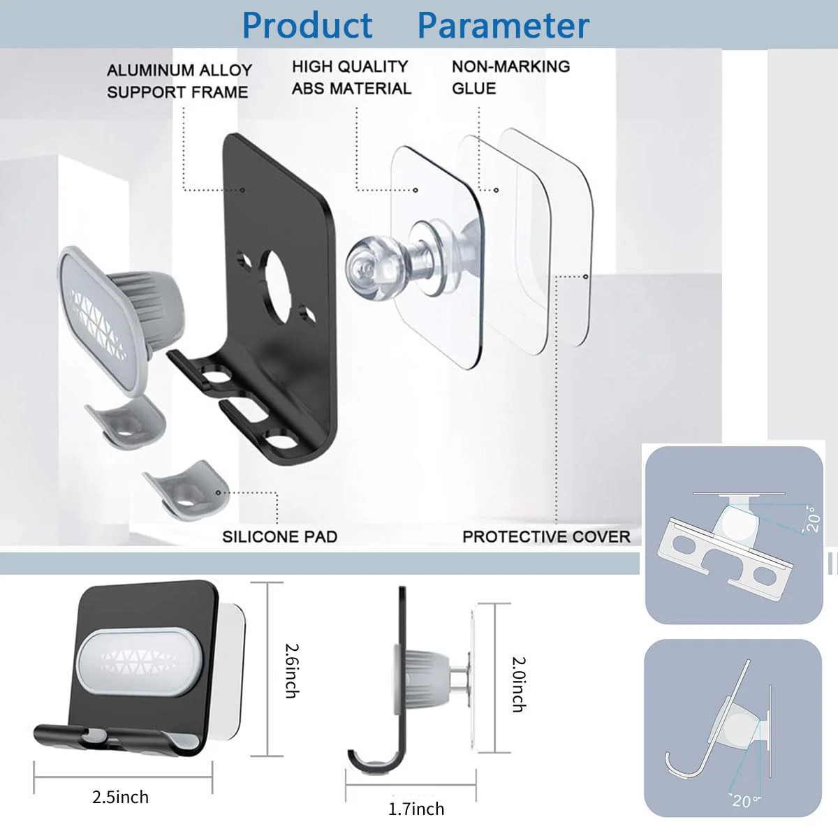 Shower Phone Holder with 2PCS Adhesive Stickers,Wall Mount Phone Stand for Bathroom,Kitchen,Office and More,Compatible with Smartphone(Black-Gray) Black-Gray - Image 2