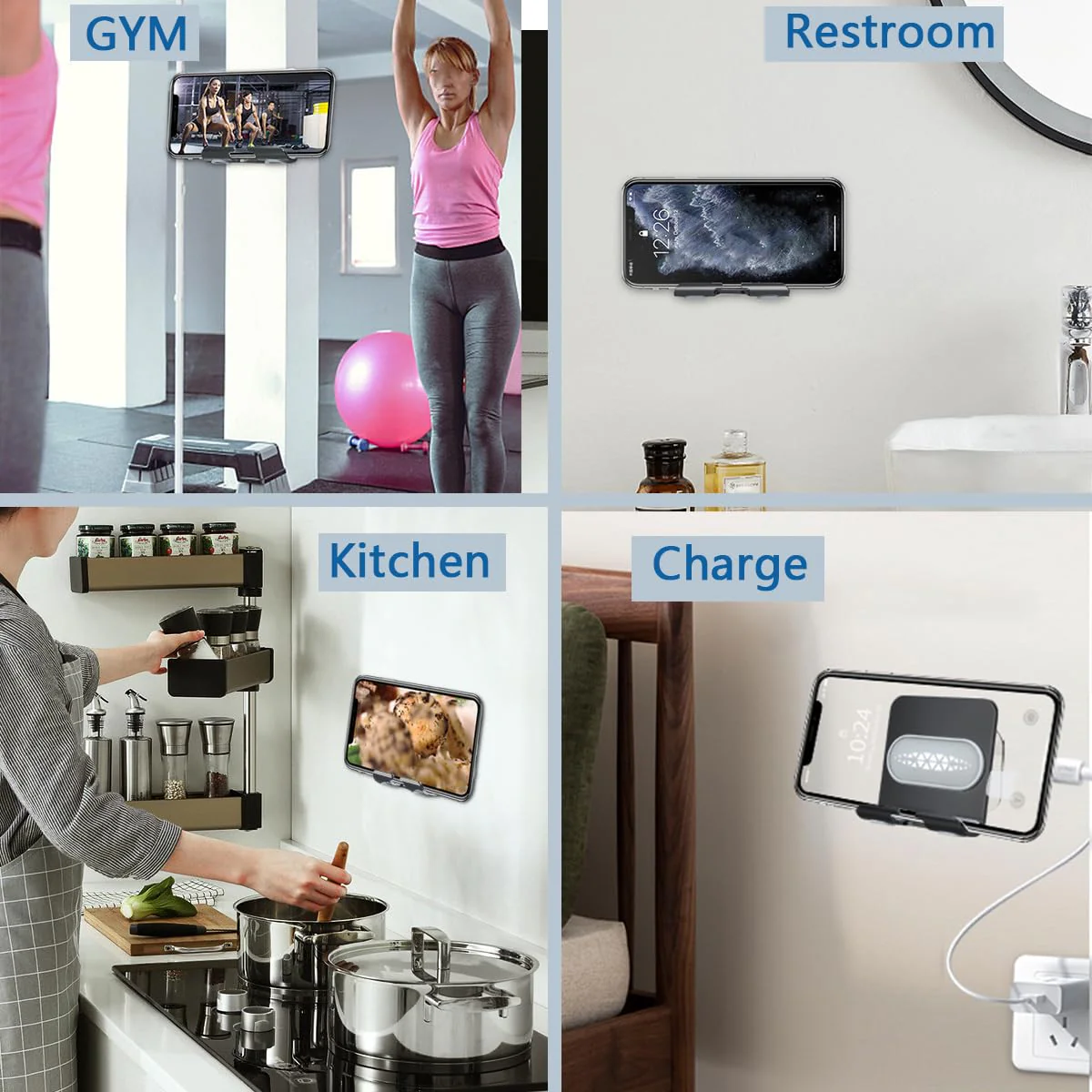 Shower Phone Holder with 2PCS Adhesive Stickers,Wall Mount Phone Stand for Bathroom,Kitchen,Office and More,Compatible with Smartphone(Black-Gray) Black-Gray - Image 6