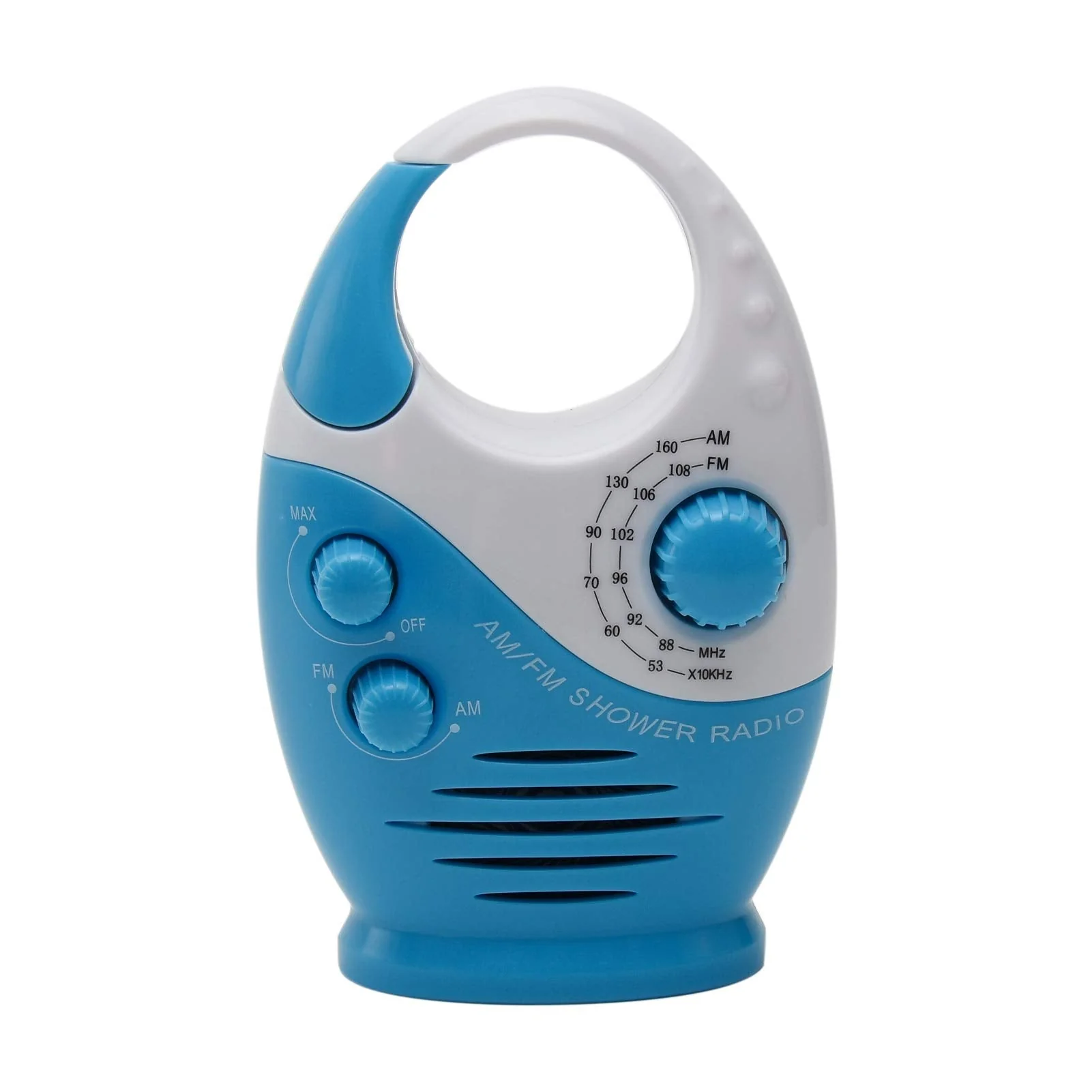 Shower Radio, 3V 0.5W Adjustable Volume Shower AM FM Button Speaker Portable Waterproof Speaker Bathroom Shower Speakers Wireless Radio with Top Handle (White and Blue) White and Blue