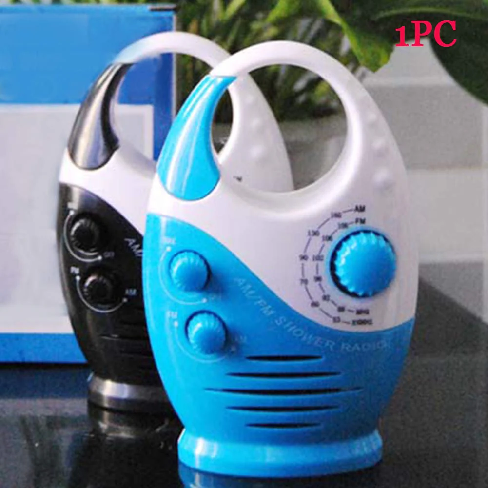 Shower Radio, 3V 0.5W Adjustable Volume Shower AM FM Button Speaker Portable Waterproof Speaker Bathroom Shower Speakers Wireless Radio with Top Handle (White and Blue) White and Blue - Image 2
