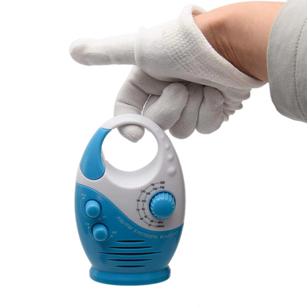 Shower Radio, 3V 0.5W Adjustable Volume Shower AM FM Button Speaker Portable Waterproof Speaker Bathroom Shower Speakers Wireless Radio with Top Handle (White and Blue) White and Blue - Image 8