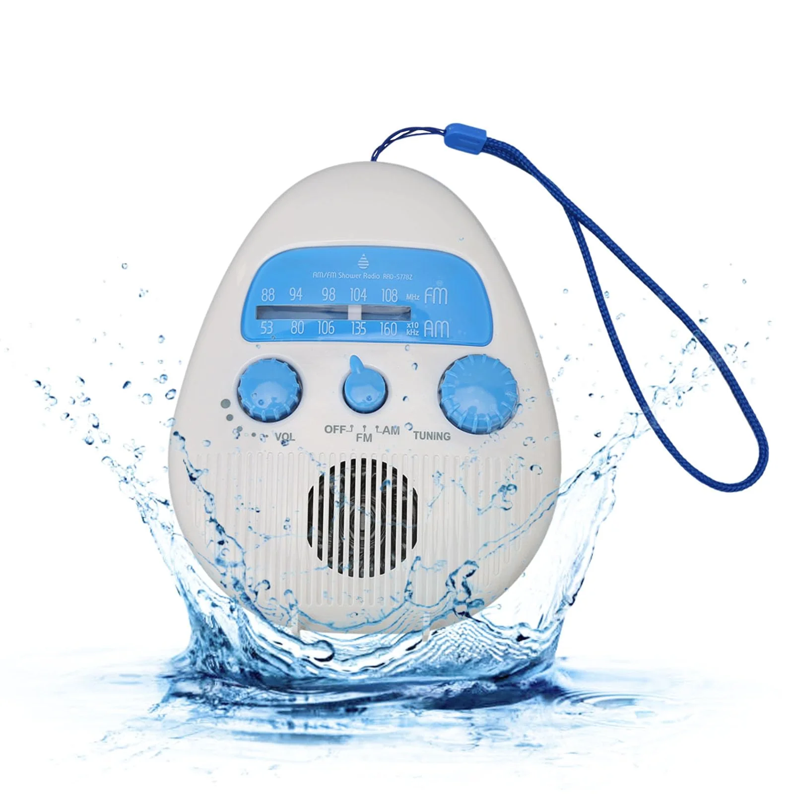 Shower Radio, Splash Proof AM FM Radio with Rotating Knob, Built in Speaker, Adjustable Volume, for Bathroom Outdoor Use