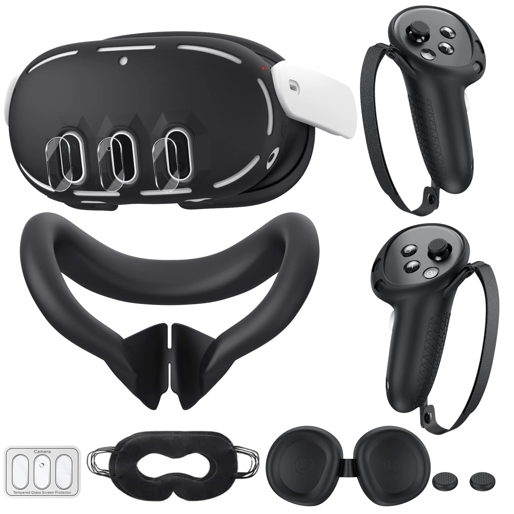 Silicone Cover Compatible with Meta/Oculus Quest 3 Accessories, VR Silicone Face Cover, VR Shell Cover,Touch Controller Grip Case,Camera Lens Protector Set (Black) Black