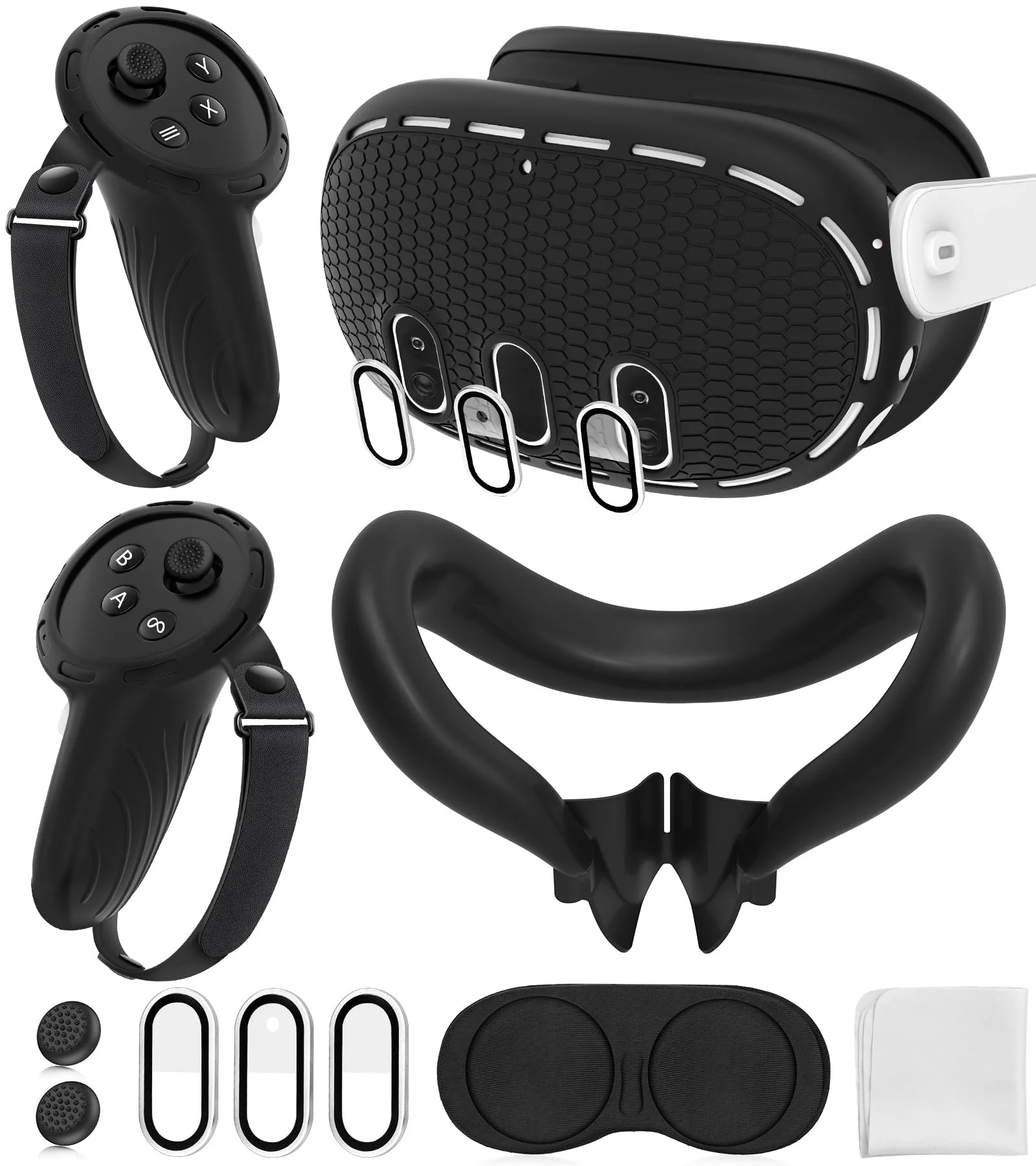 Silicone Cover Set Compatible with Oculus/Meta Quest 3 Accessories, Touch Controller Grips Cover, VR Shell Cover, Facial Interface Cover, Protective Lens Cover, Tempered Glass Lens Caps (Black) Black
