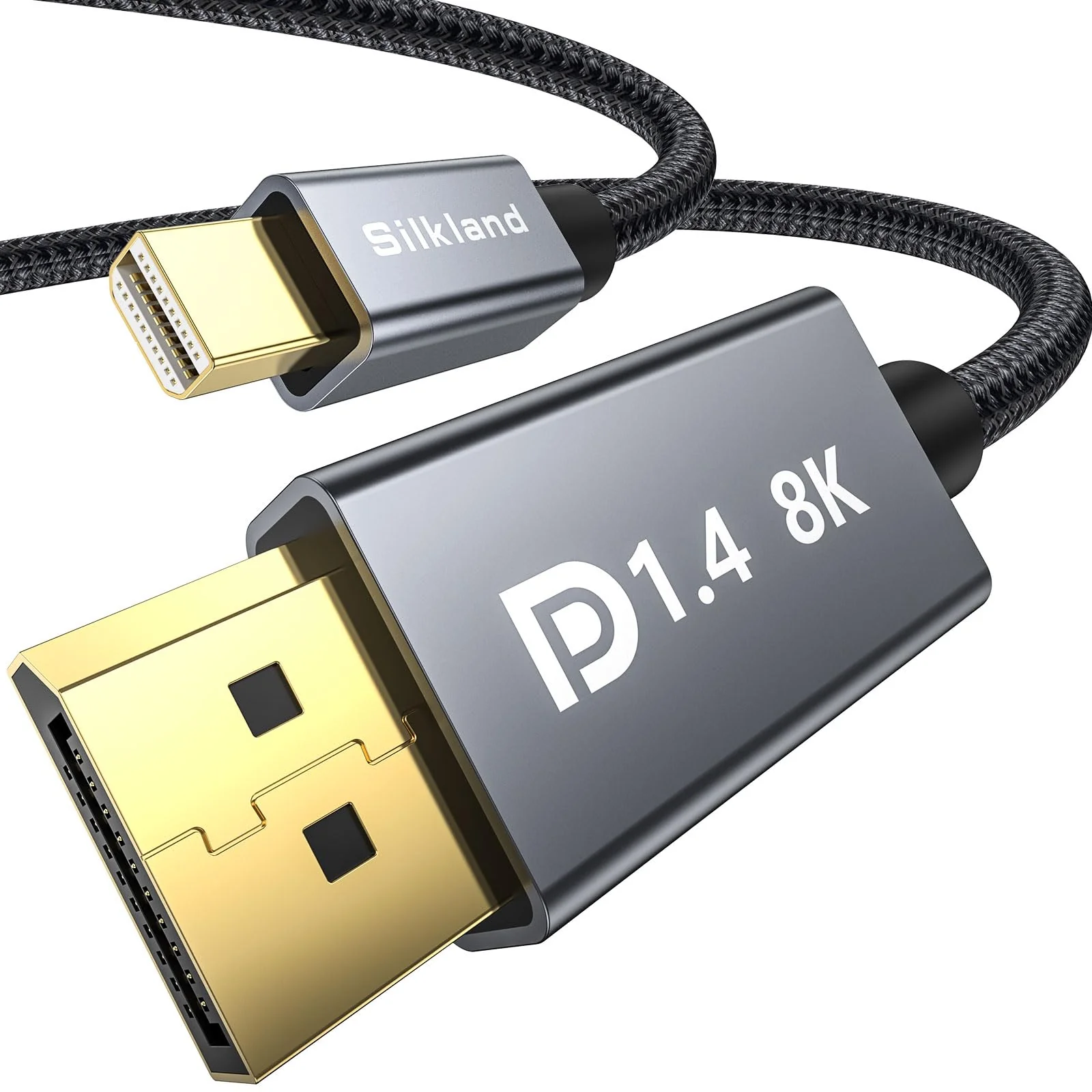Silkland 8K Mini DisplayPort to DisplayPort 1.4 Cable, [8K@60Hz, 4K@144Hz, 2K@240Hz] 32.4Gbps Bi-Directional, HDR, G-Sync, Mini DP [Thunderbolt 2 Compatible] for Gaming Laptop, MacBook, Monitor,6.6FT 6.6 Feet Dark Grey