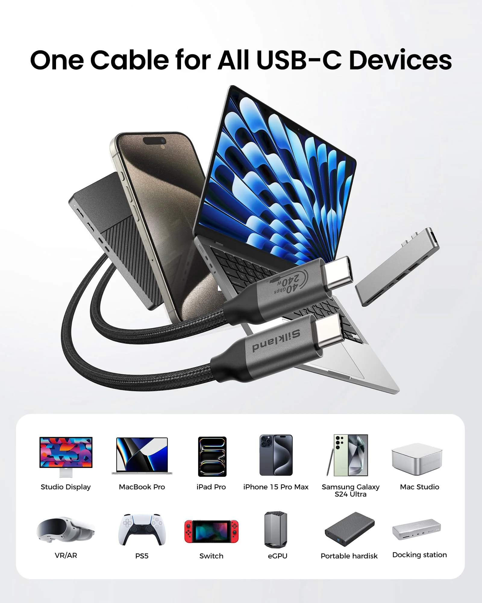 Silkland USB 4 Cable for Thunderbolt 4 Cable 6.6FT/2M, 40Gbps Data Transfer, Support 8K/5K@60Hz, 4K@144Hz, 240W, NetBraid-48 USB C Video Cable Compatible for MacBook, Portable Monitor, SSD, Docking - Image 7