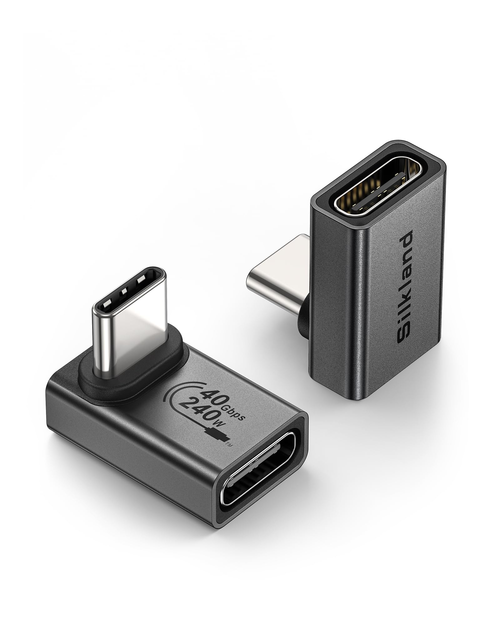 Silkland USB C 90 Degree Right Angle Adapter [2 Pack, 240W 40Gbps] USB C Male to Female Adapter Extender Compatible with Thunderbolt 4 for Steam Deck, ROG Ally, MacBook, Switch, iPhone 16/15, Quest 3