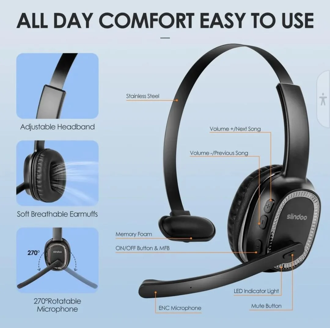 Sindoo,Trucker Wireless Bluetooth Headset, On-Ear, Noise-Cancelling Headphones, Lightweight, Single Earpiece,35+HRS Talk Time, 33FT Range, For Trucker, Office Work, PC,Phones, Dual Device Connectivity - Image 4