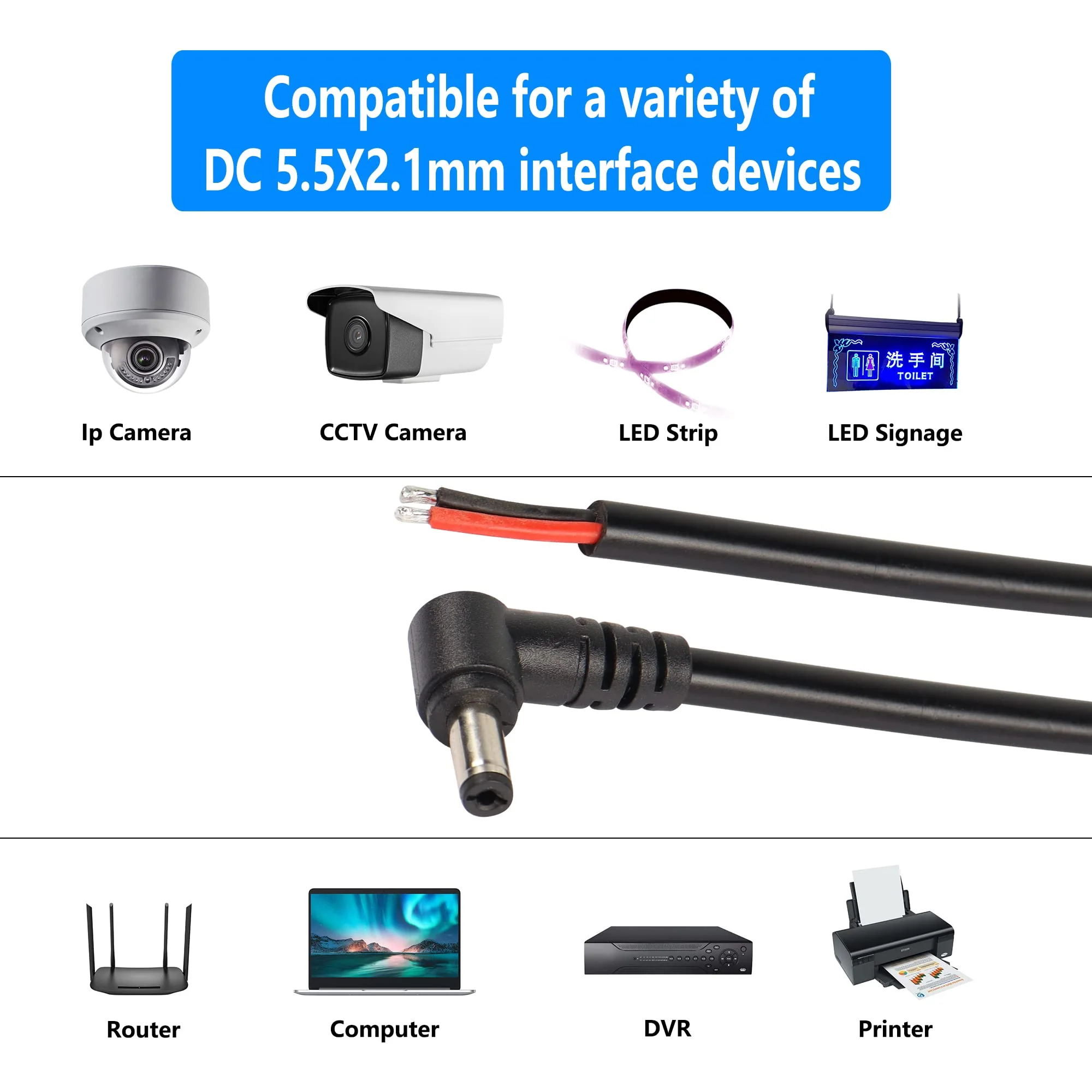 SinLoon 2 Pack DC5521 Power Pigtails Cable, 12V 90 Degree DC 5.5mm x 2.1mm Male Plug to Bare Wire Open End Power Supply Repair Cord 16AWG, for Monitors, LED Strip Light,CCTV Security Camera (3.3FT) - Image 6