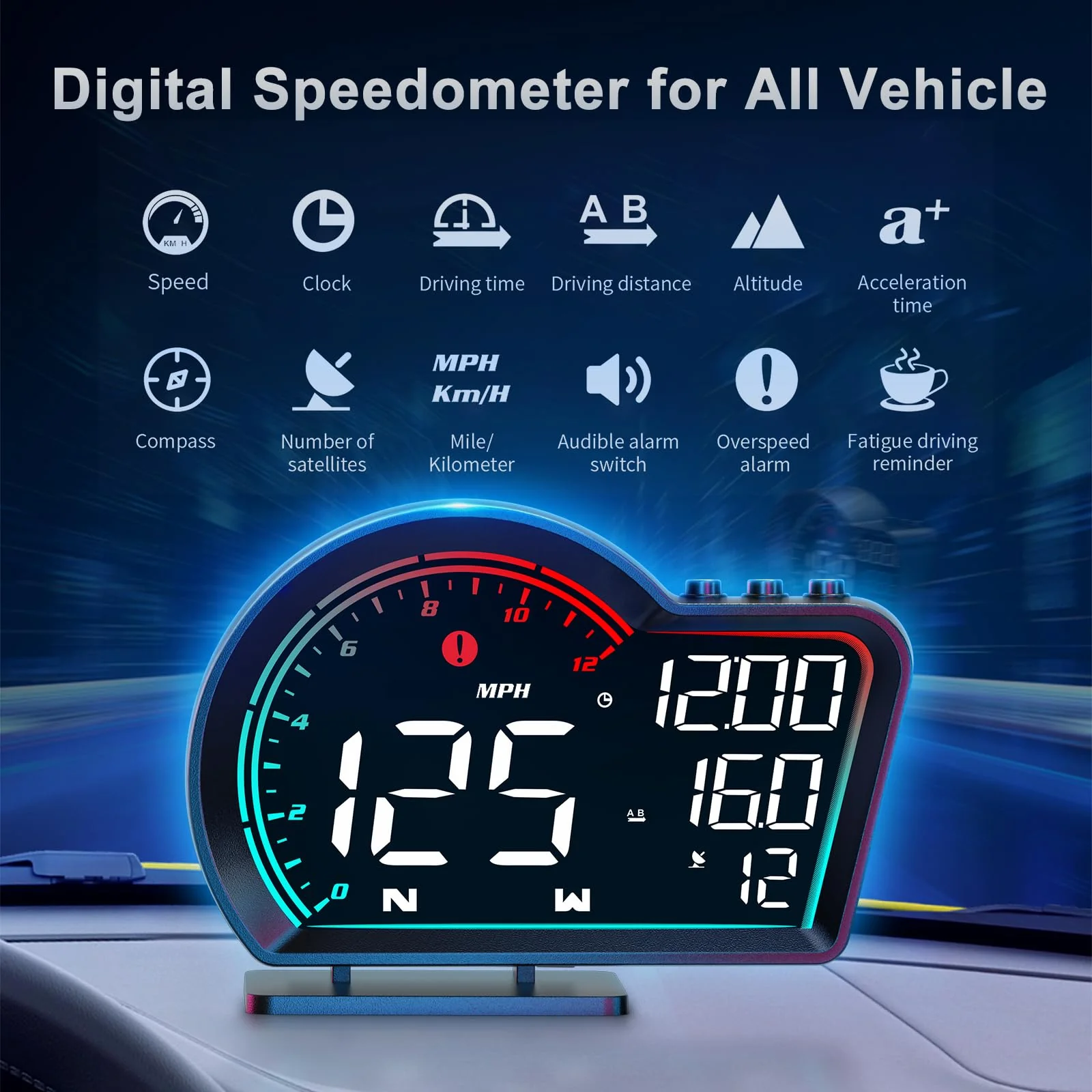 SinoTrack HUD Digital GPS Speedometer for Car Universal Heads Up Display Oversize Screen Large LCD MPH Speedometer Speed Fatigued Diving Alert Over-Speed Alarm Compass for All Vehicle - Image 2