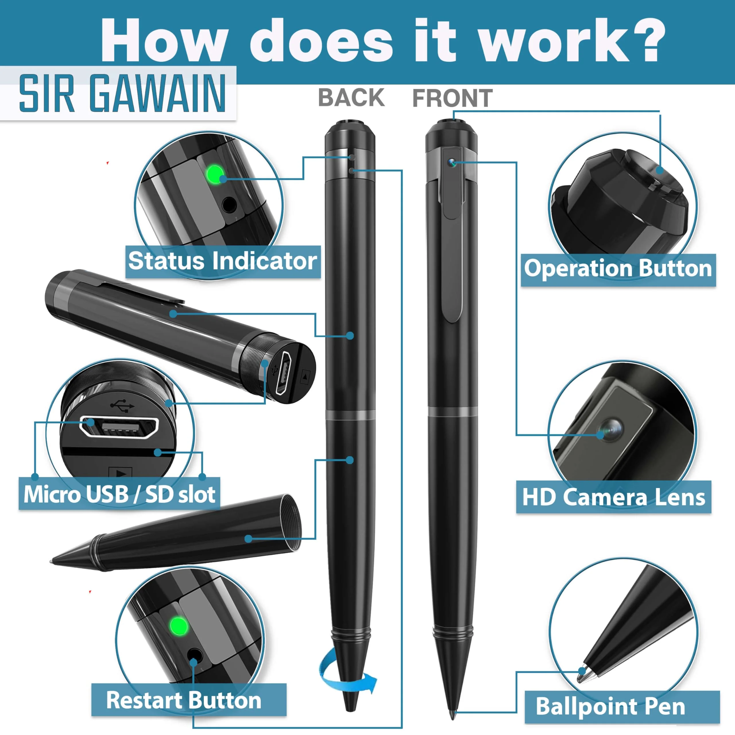 SIRGAWAIN 1080P Body Camera Pen [Upgraded 2024] – Body Cam with HD Video or Picture Taking, SD Card Storage, and Manual Control for Privacy Compliance - Image 5