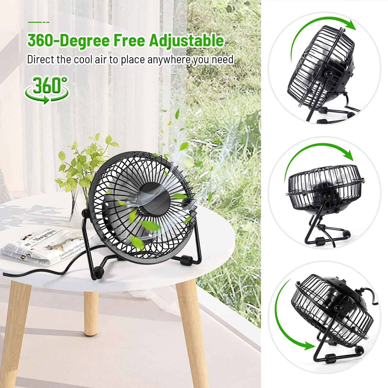 Small Desk Fan, 4 Inch USB Fan Powered by USB, 360° Rotation - Small Fans for Bedroom, Office, Table - Ultra-quiet Personal Cooling Fan with Metal Construction Black - Image 3