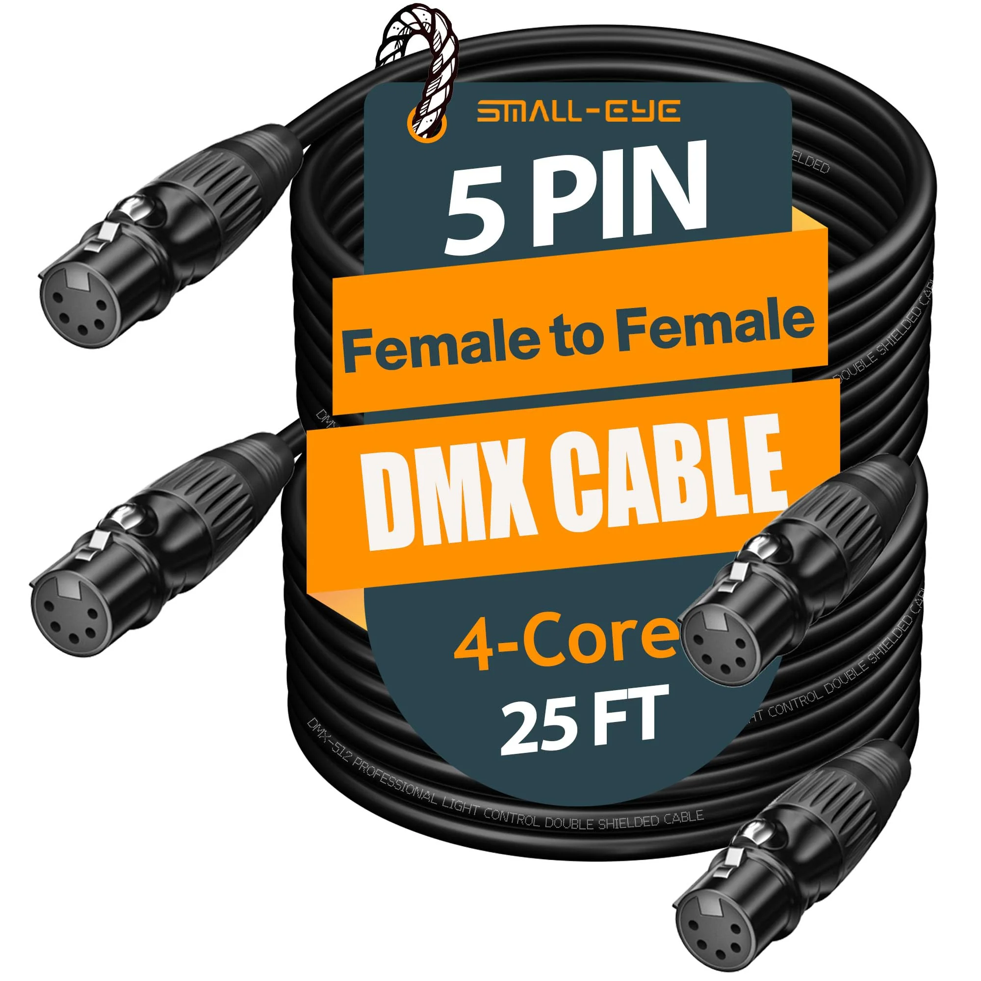 SMALL-EYE 5 Pin DMX Cable Female to Female 25 ft 2-Pack – 4-Core Shielded Jumper for DMX512 Signal Splitters and Patch Panels 25 feet -2 Packs