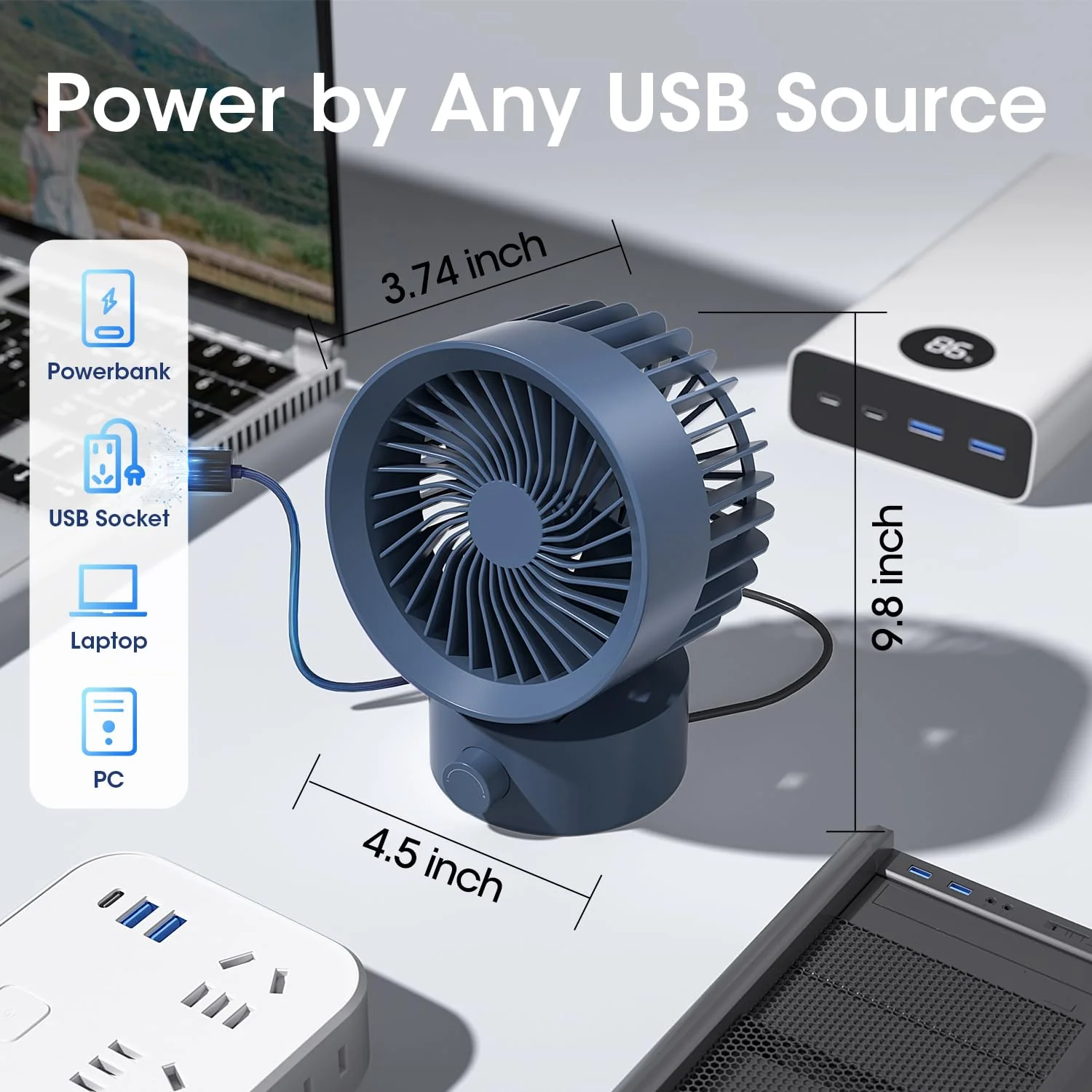 Small USB Desk Fan, Stepless Speed Control Mini Fan for Home Office Dorm Desktop, Ultra Quiet Cooling Fan, Plug In USB Powered, Portable Personal Table Fan for Laptop PC Car, Blue - Image 7