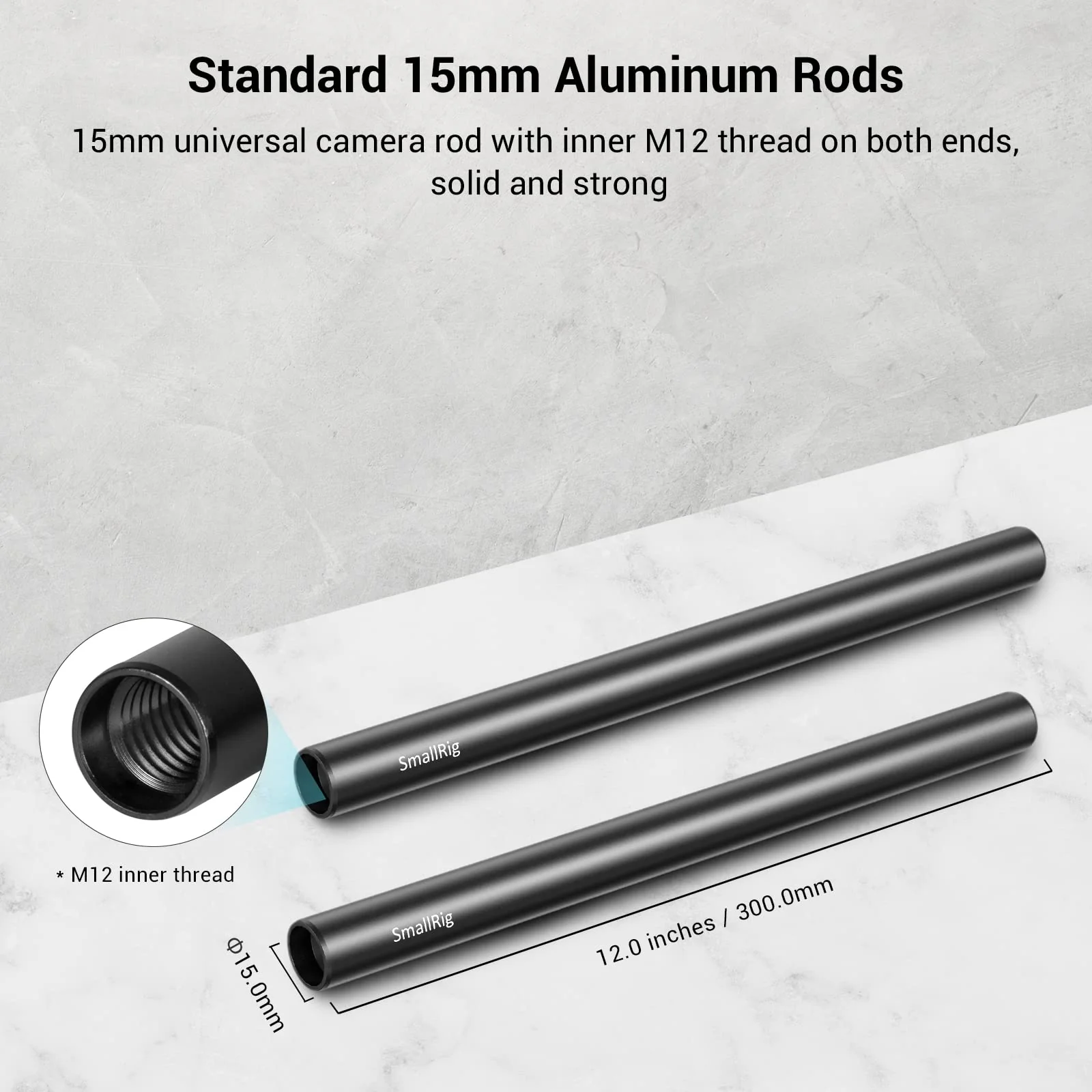 SmallRig 12 Inches (30 cm) Aluminum Alloy 15mm Rod with M12 Female Thread, Pack of 2-1053 12" - Image 2