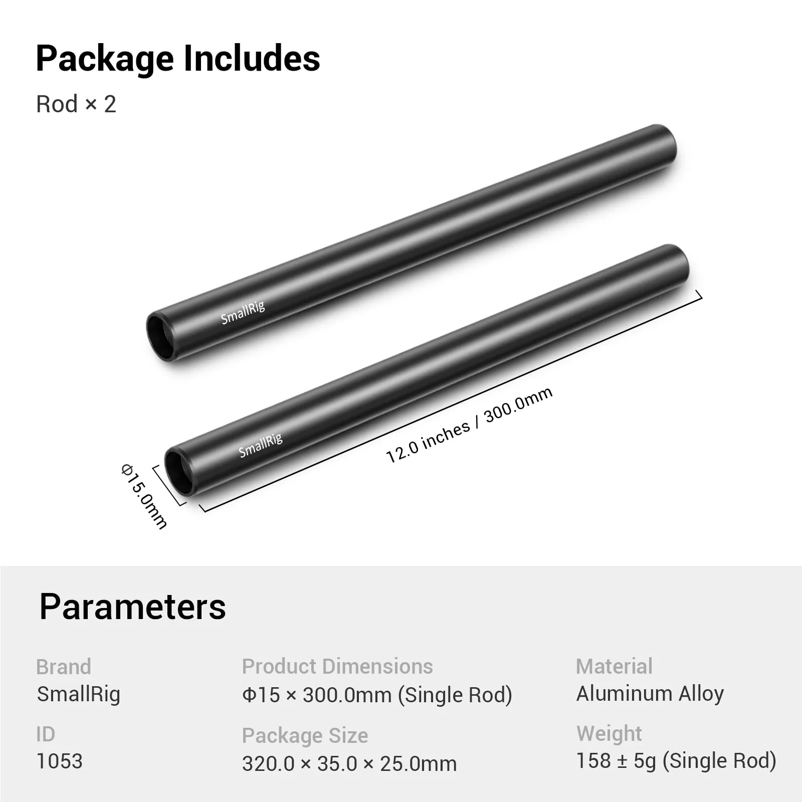 SmallRig 12 Inches (30 cm) Aluminum Alloy 15mm Rod with M12 Female Thread, Pack of 2-1053 12" - Image 7