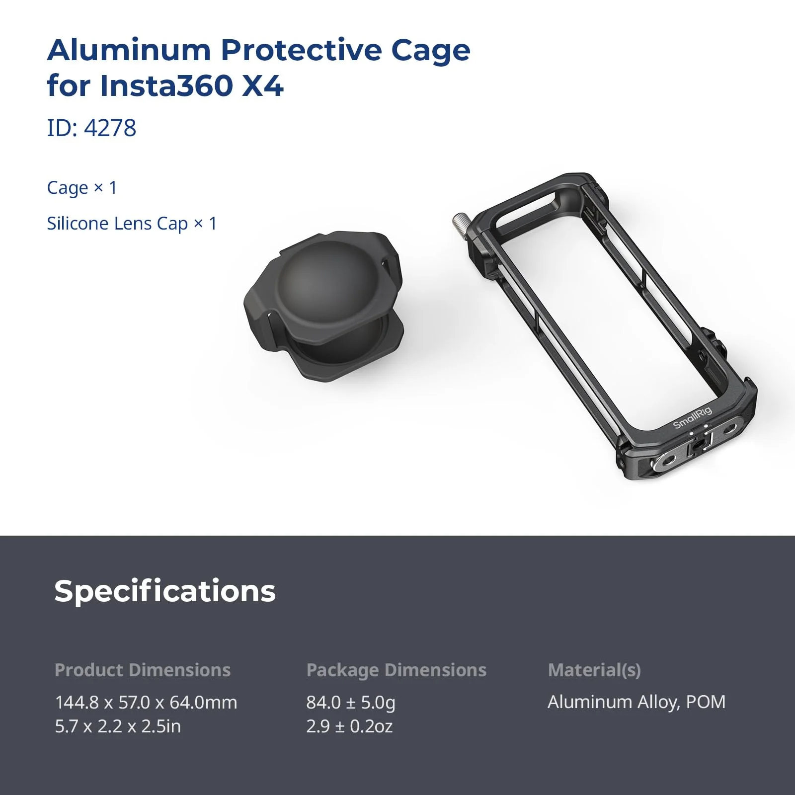 SMALLRIG Cage for Insta360 X4, Aluminum Protective Case for Insta360 X4 with Silicone Lens Cover, Built-in Cold Shoe and 1/4"-20 Anti-Deflection Threaded Hole - 4278 - Image 8