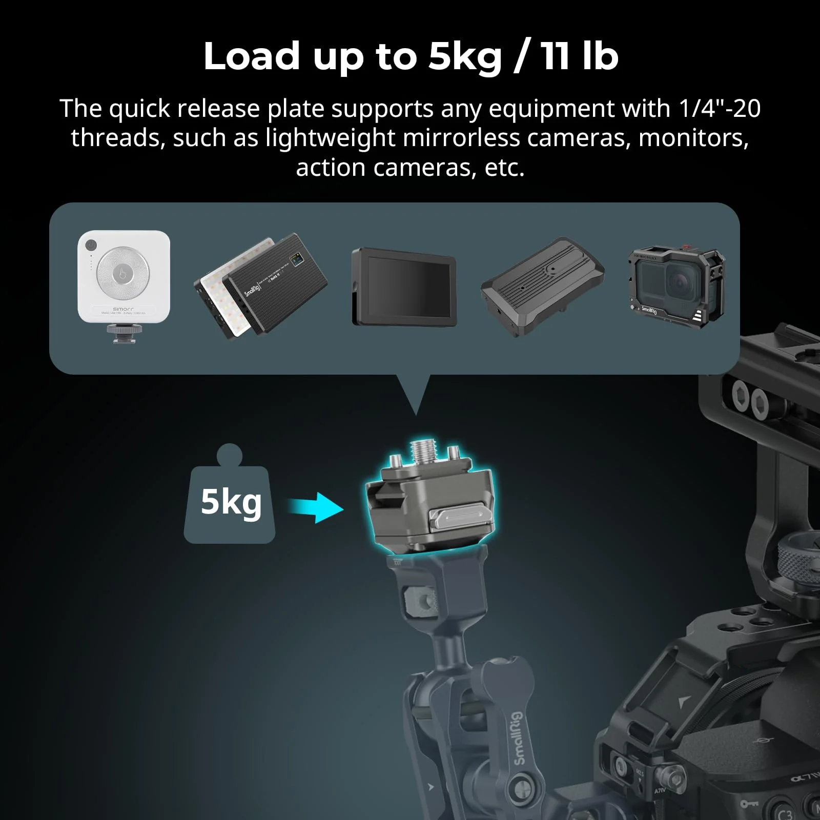 SmallRig HawkLock H21 Universal Quick Release Mount Plate Kit, Dual-Direction QR-Slide NATO Rail with Anti-Deflection 1/4"-20 Screw, Load up to 5kg / 11lb for Cameras, Monitors, Action Cameras - 4491 - Image 7