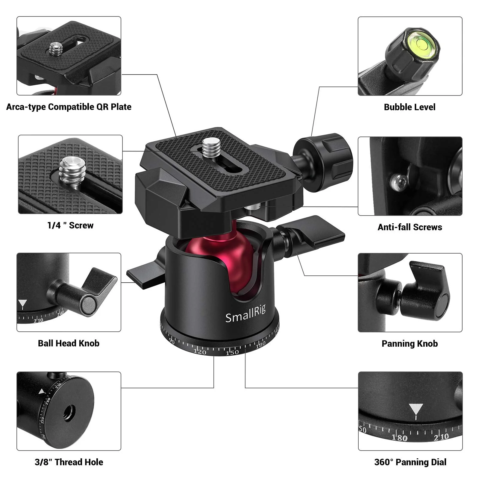 SmallRig Mini Ball Head, Tripod Head Camera 360° Panoramic with 1/4" Screw 3/8" Thread Mount and Quick Release Plate Metal Ball Joint for Monopod, DSLR, Phone, Gopro, Max Load 4.4lbs/2kg - BUT2665 - Image 3