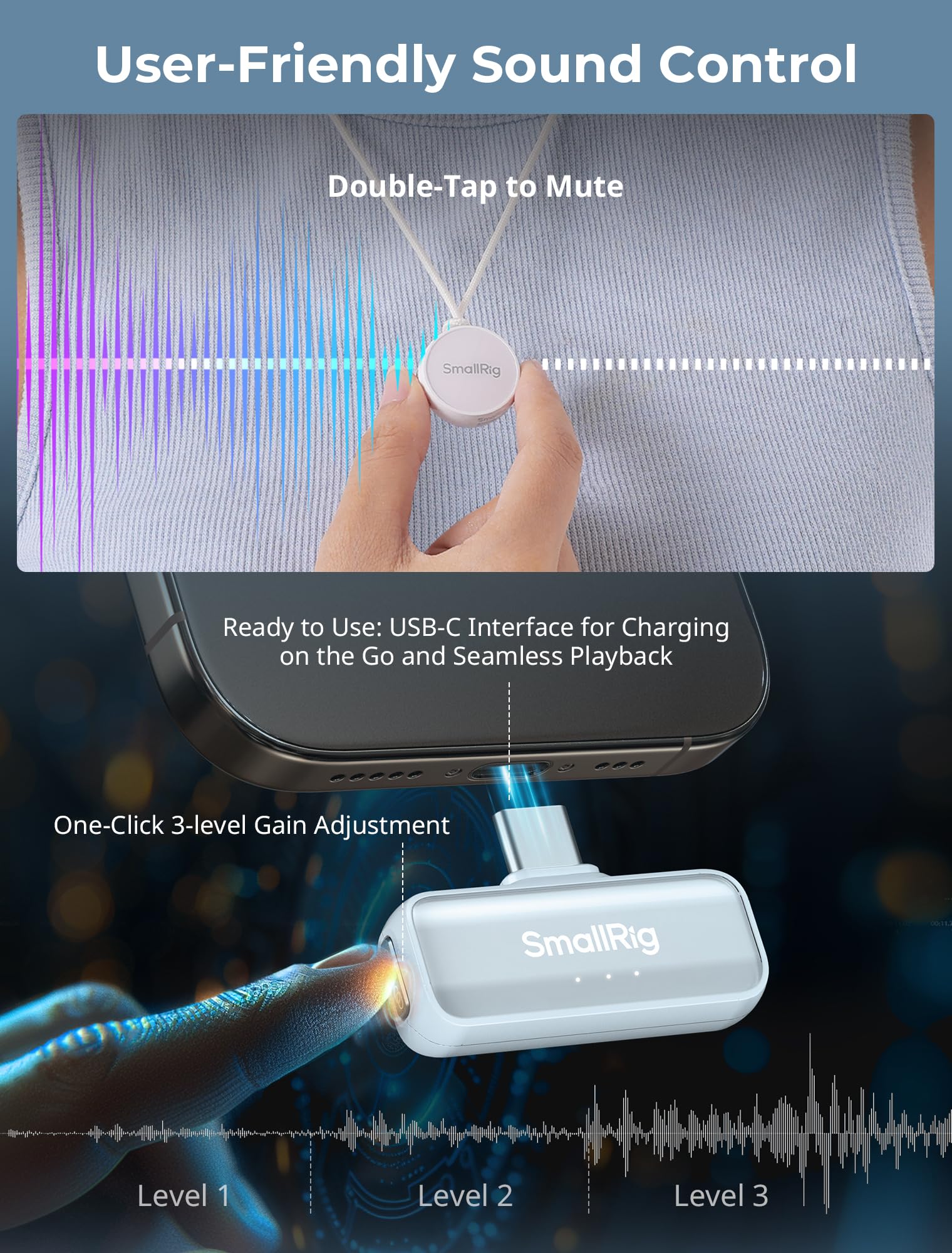 SMALLRIG S60 Wireless Lavalier Microphone with USB C for iPhone, for Android, Mini Mic with 44H Battery, Noise Reduction, Mute, Gain, Clip On Lapel Mic for Video Recording, Vlogging, Interview,White White - Image 5