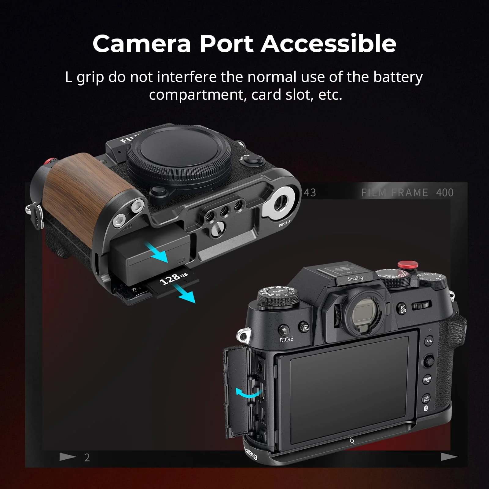 SMALLRIG X-T50 Handgrip, Wooden L-Shape Grip for FUJIFILM X-T50 Camera, Built-in Quick Release Plate for Arca, with Shutter Button and Hot Shoe Cover, Black - 4784 - Image 3