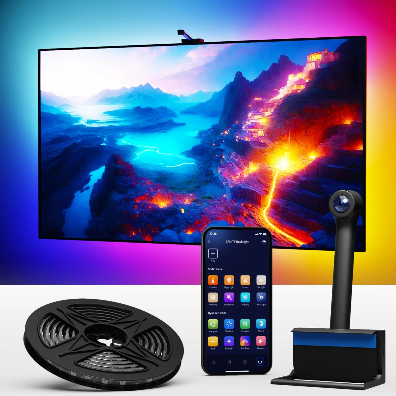 Smart LED Backlight with Camera for 55-65 inch Screens, 12.5ft LED Strip Lights Sync to Screen & Music, Color Changing Lights Work with Alexa & Google Assistant, App Control for 55-65 inch TVs