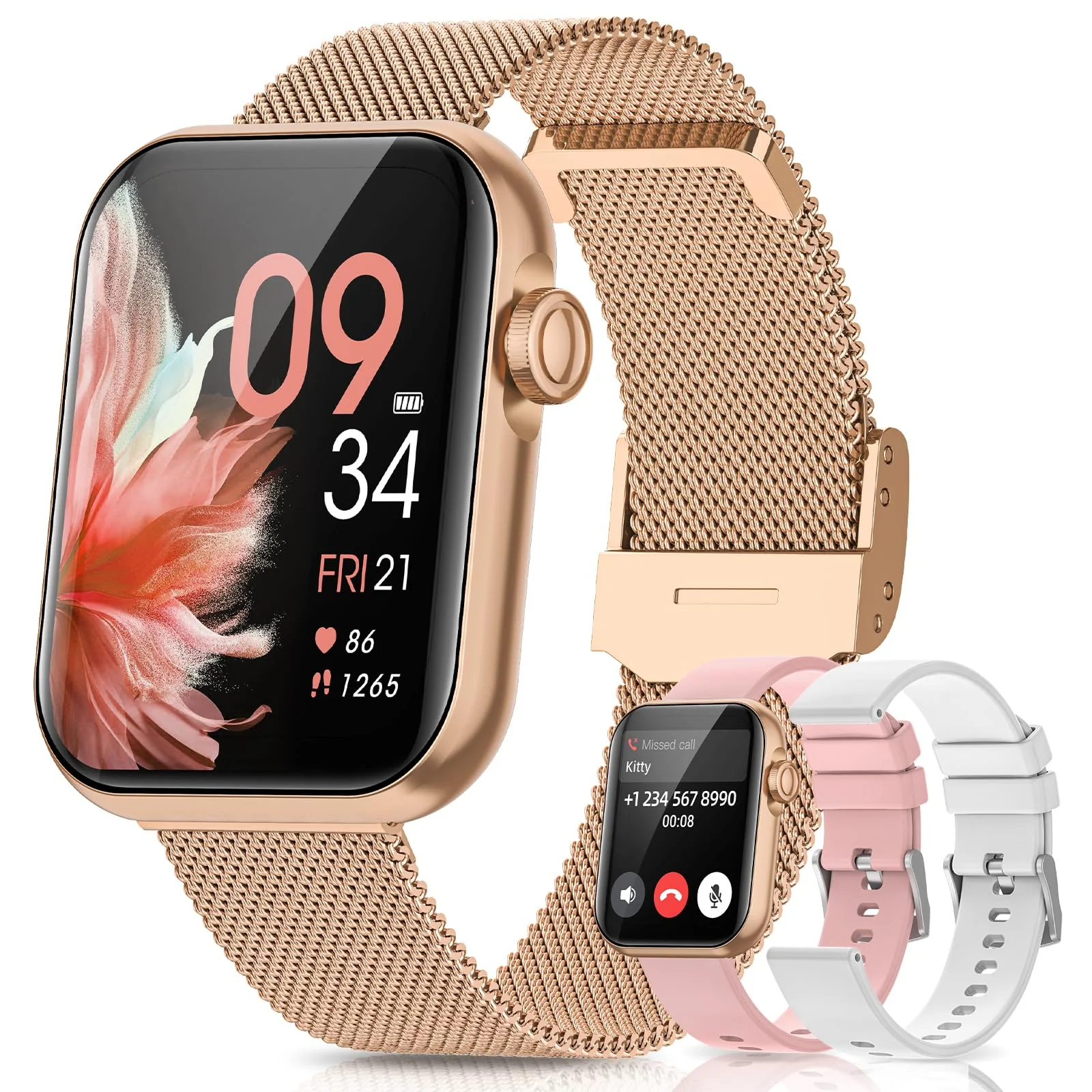 Smart Watches for Women, Android Smart Watch for Phones (Make Calls), 1.85" HD Fitness Tracker Watch with Blood Pressure/Heart Rate/Sleep Monitor, 110+ Sport Modes Fitness Watches for Women/Men Gold