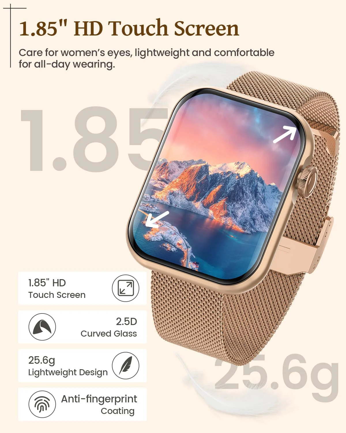 Smart Watches for Women, Android Smart Watch for Phones (Make Calls), 1.85" HD Fitness Tracker Watch with Blood Pressure/Heart Rate/Sleep Monitor, 110+ Sport Modes Fitness Watches for Women/Men Gold - Image 2