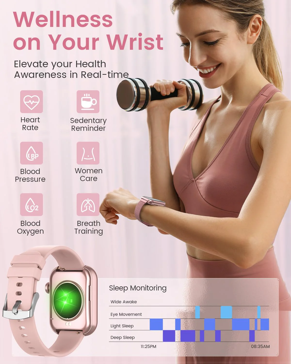 Smart Watches for Women,Fitness Tracker Smartwatch for Android Phones/iPhone Compatible,1.85" Womens Watch with Blood Pressure Monitor,Calls and Messages/Heart Rate/Sleep/Female Cycle(3 Watch Bands) Pink - Image 3