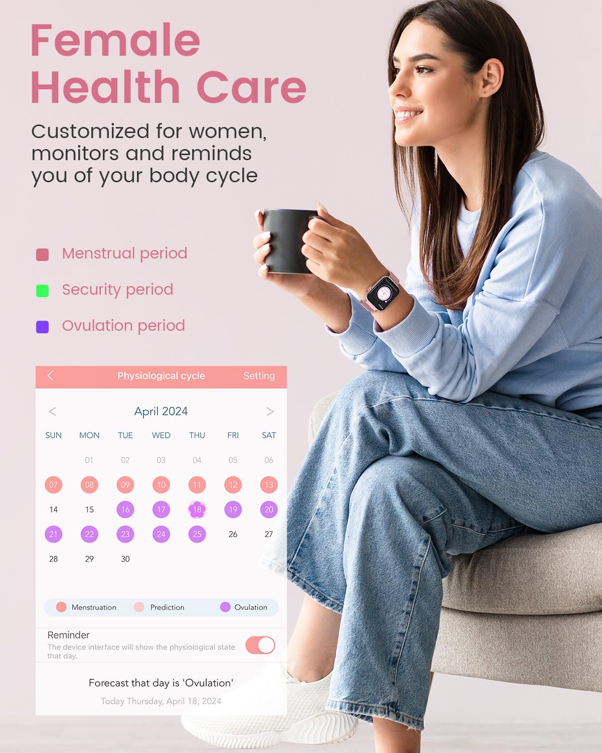 Smart Watches for Women,Fitness Tracker Smartwatch for Android Phones/iPhone Compatible,1.85" Womens Watch with Blood Pressure Monitor,Calls and Messages/Heart Rate/Sleep/Female Cycle(3 Watch Bands) Pink - Image 5