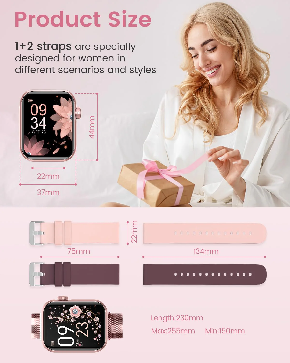 Smart Watches for Women,Fitness Tracker Smartwatch for Android Phones/iPhone Compatible,1.85" Womens Watch with Blood Pressure Monitor,Calls and Messages/Heart Rate/Sleep/Female Cycle(3 Watch Bands) Pink - Image 7
