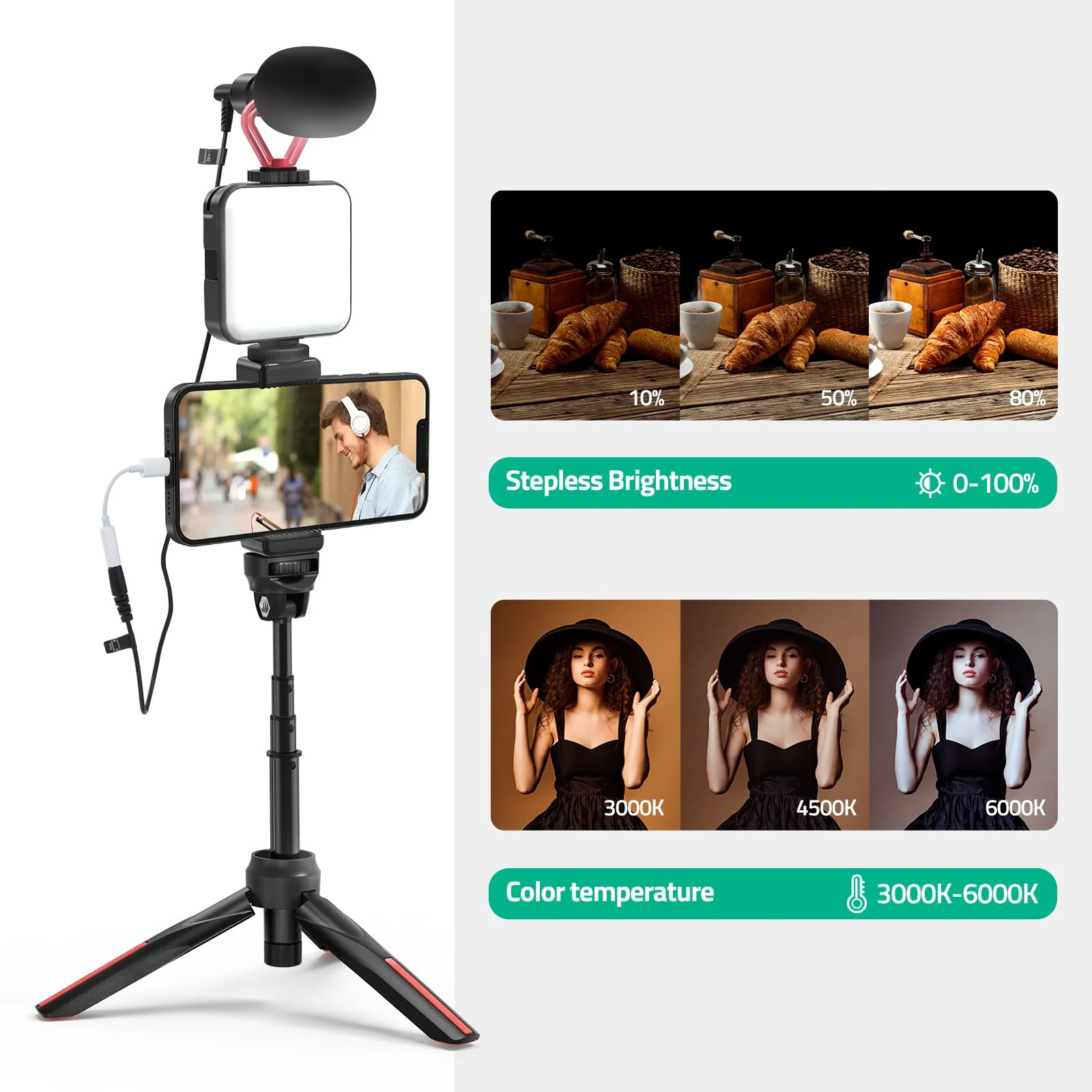 Smartphone Video Vlogging Kit with LED Light, Phone Holder, Microphone, Tripod, Carry Bag, TECELKS YouTube Starter Kit for iPhone/Android, Content Creator Kit for Video Recording Vlogging - Image 3