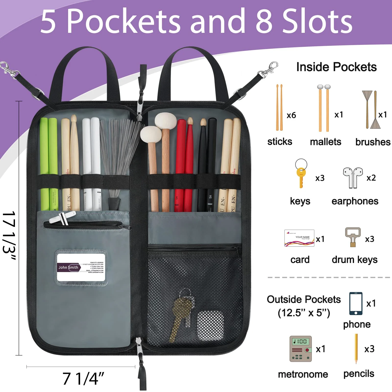 SNIGJAT Drumstick Bag with Crossbody Shoulder Strap, Large Capacity Mallet Bag with Anti-falling Pockets, Gifts for Drummers, Beginners in Band, Gig, Solid Drum Sticks Bag with Metal Hooks Black - Image 2