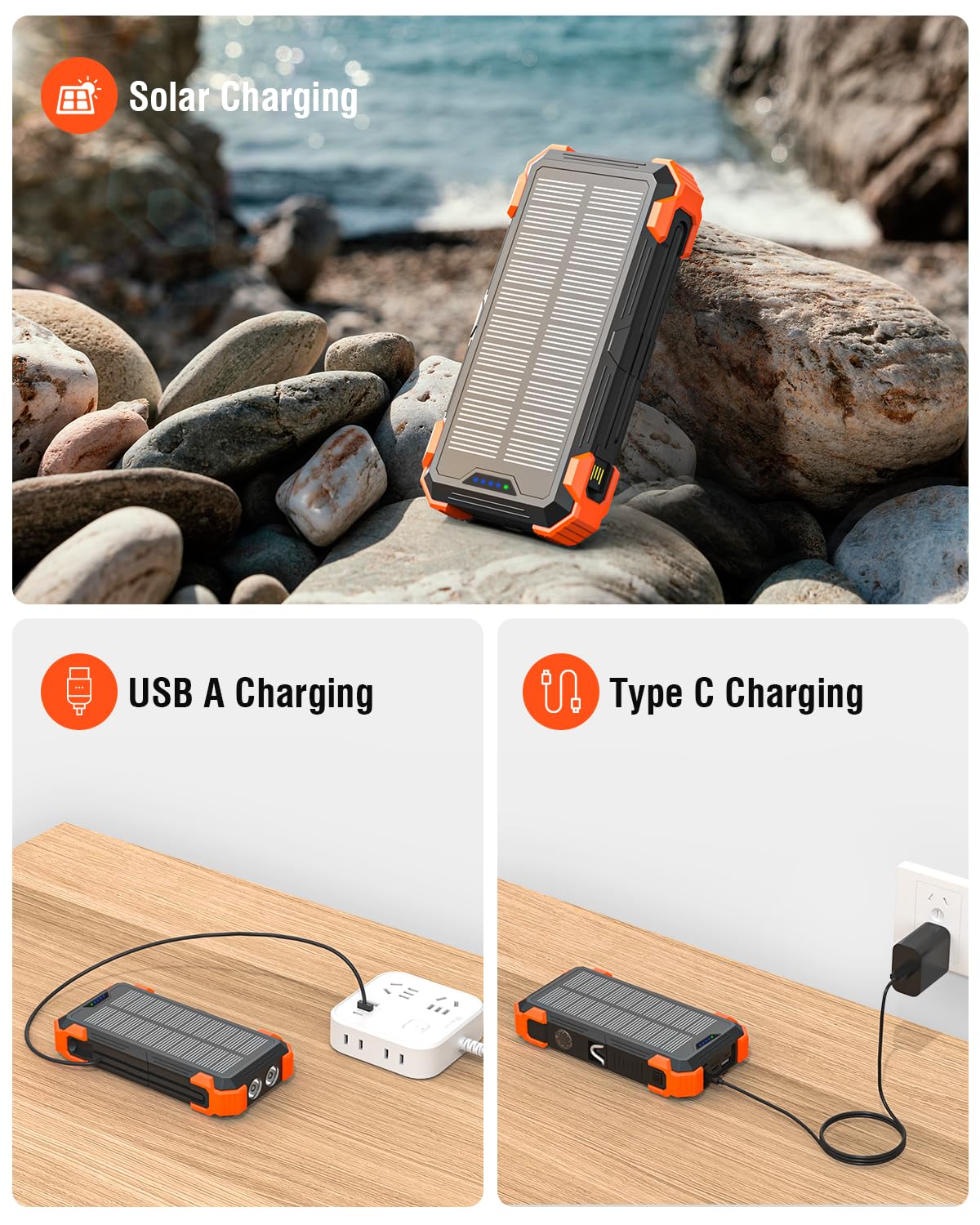 Solar Charger Power Bank, 42800mAh Wireless Portable Charger with USB-C in/Output, QC3.0 Fast Charging 15W 4 Ports Outdoor Battery Pack Built-in Dual Led Flashlights for iPhone Samsung etc Orange - Image 6